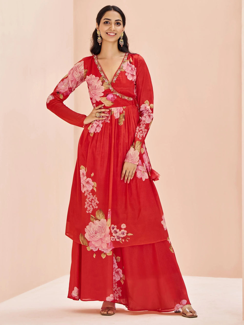 Red Floral Printed Chinon Designer Palazzo Suit for Women