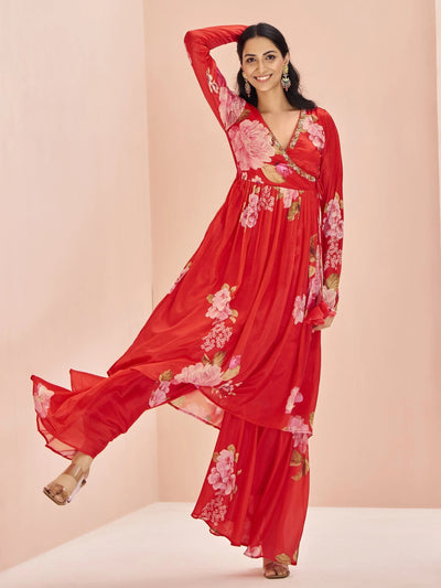 Red Floral Printed Chinon Designer Palazzo Suit for Women