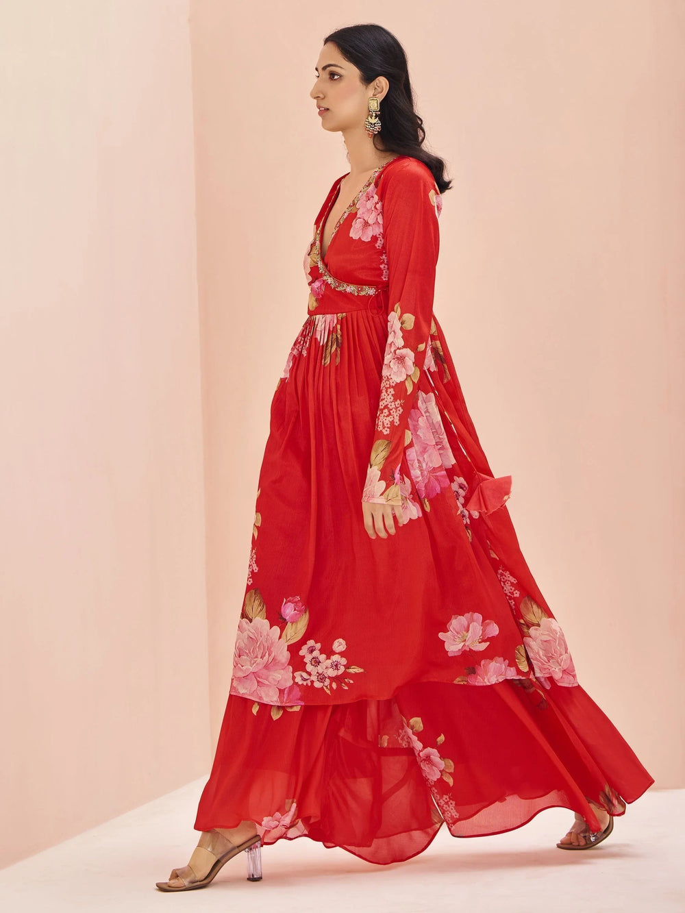 Red Floral Printed Chinon Designer Palazzo Suit for Women