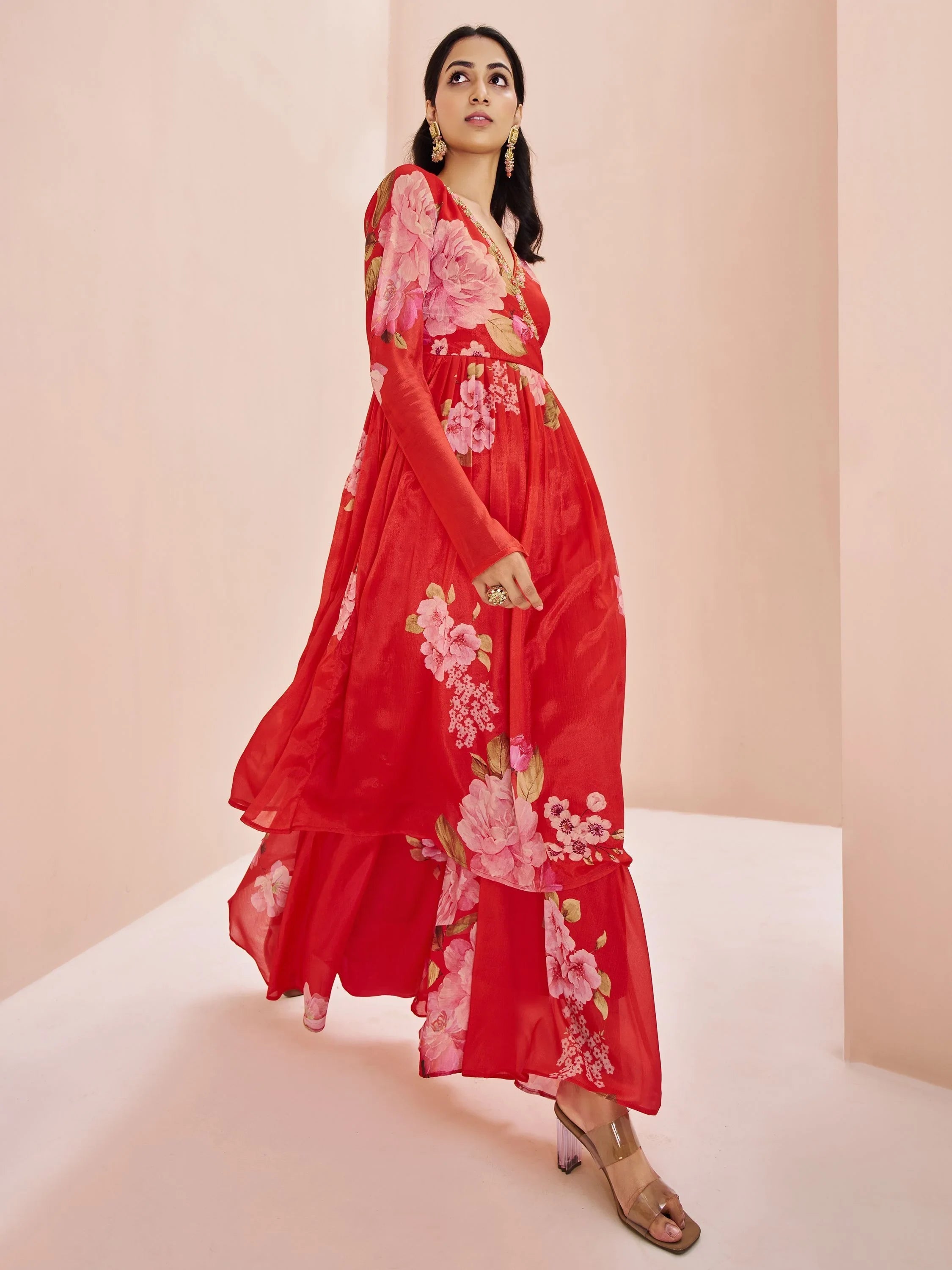 Red Floral Printed Chinon Designer Palazzo Suit for Women