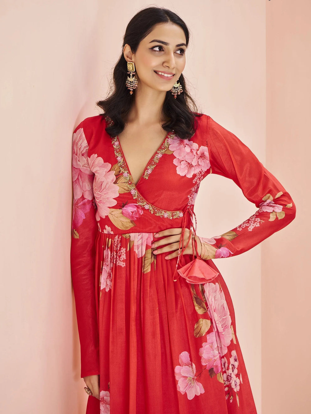 Red Floral Printed Chinon Designer Palazzo Suit for Women