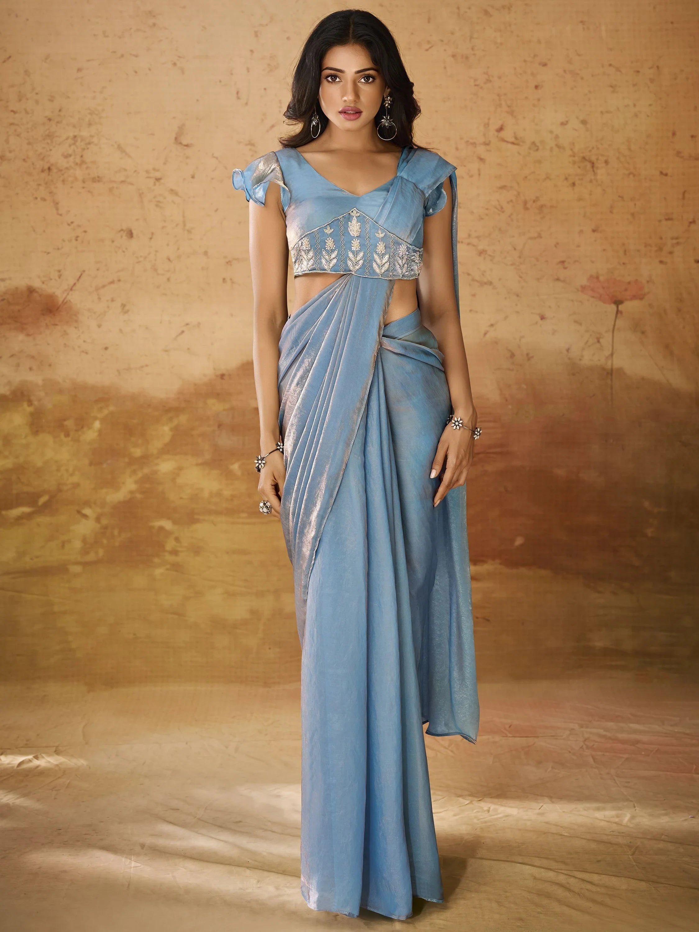 Blue Hand Work Organza Ready To Wear Saree With Blouse