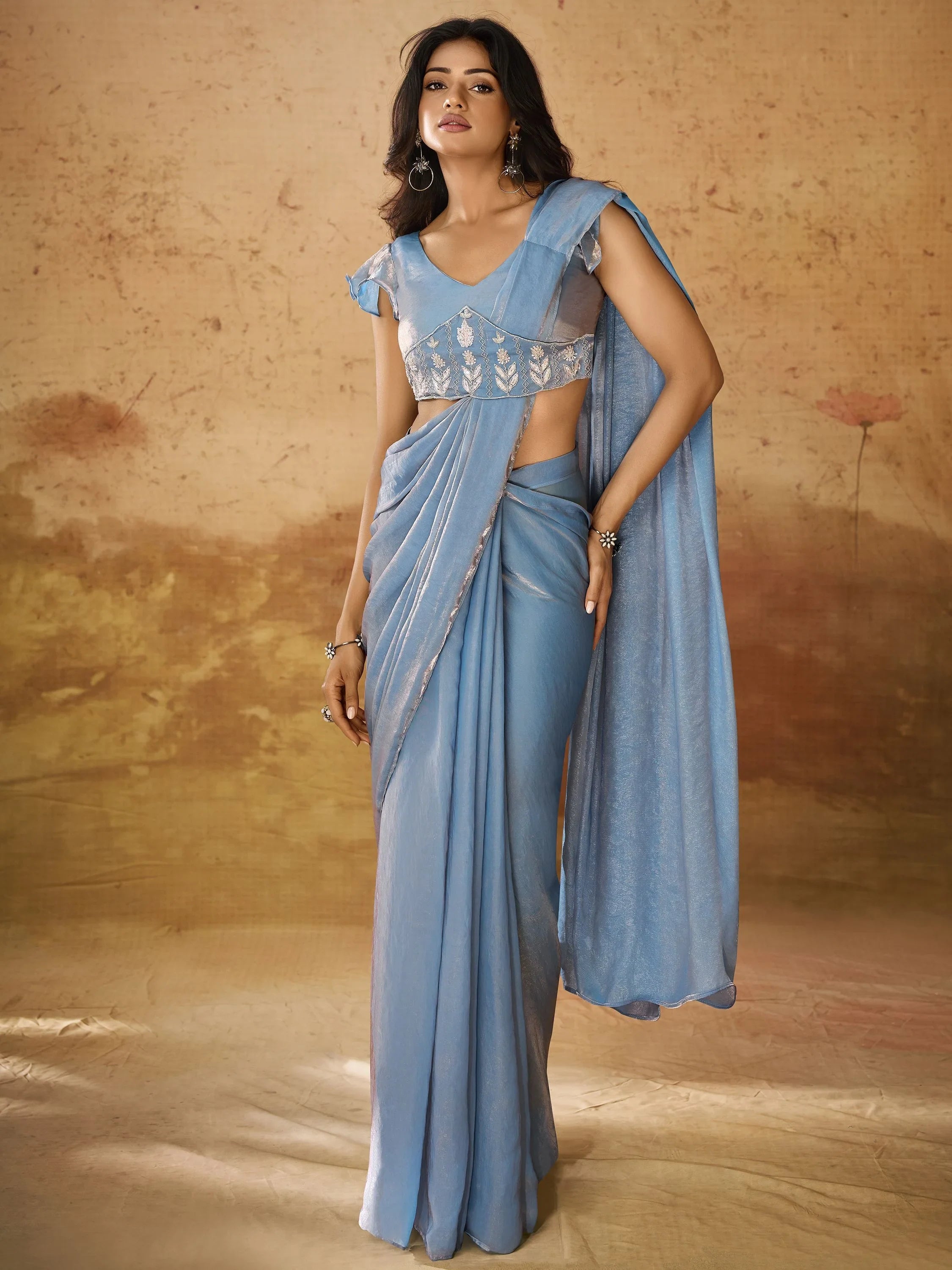 Blue Hand Work Organza Ready To Wear Saree With Blouse