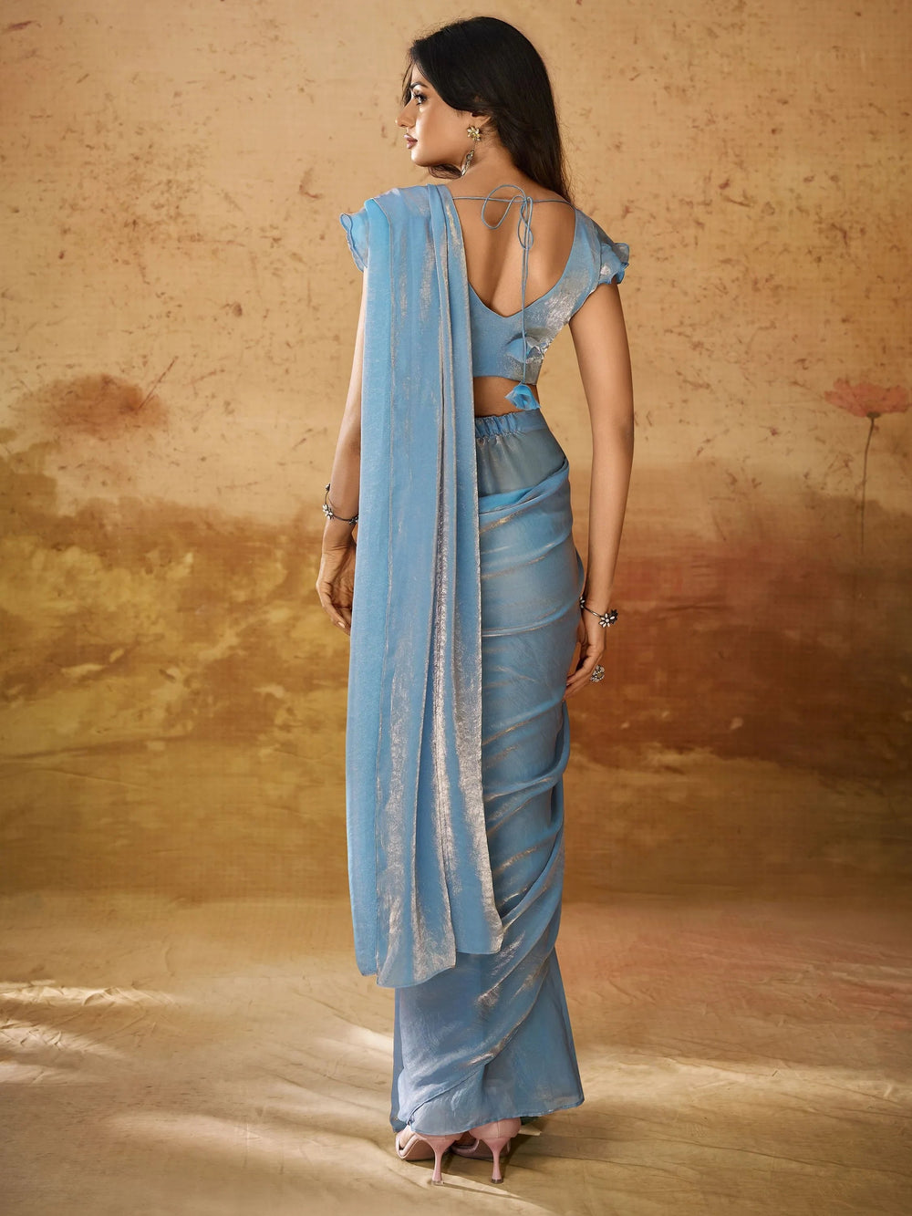Blue Hand Work Organza Ready To Wear Saree With Blouse