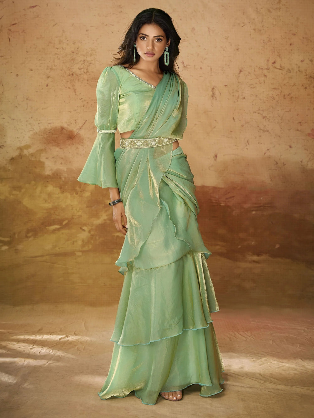 Pista Color Ruffles Work Organza Ready To Wear Saree With Blouse
