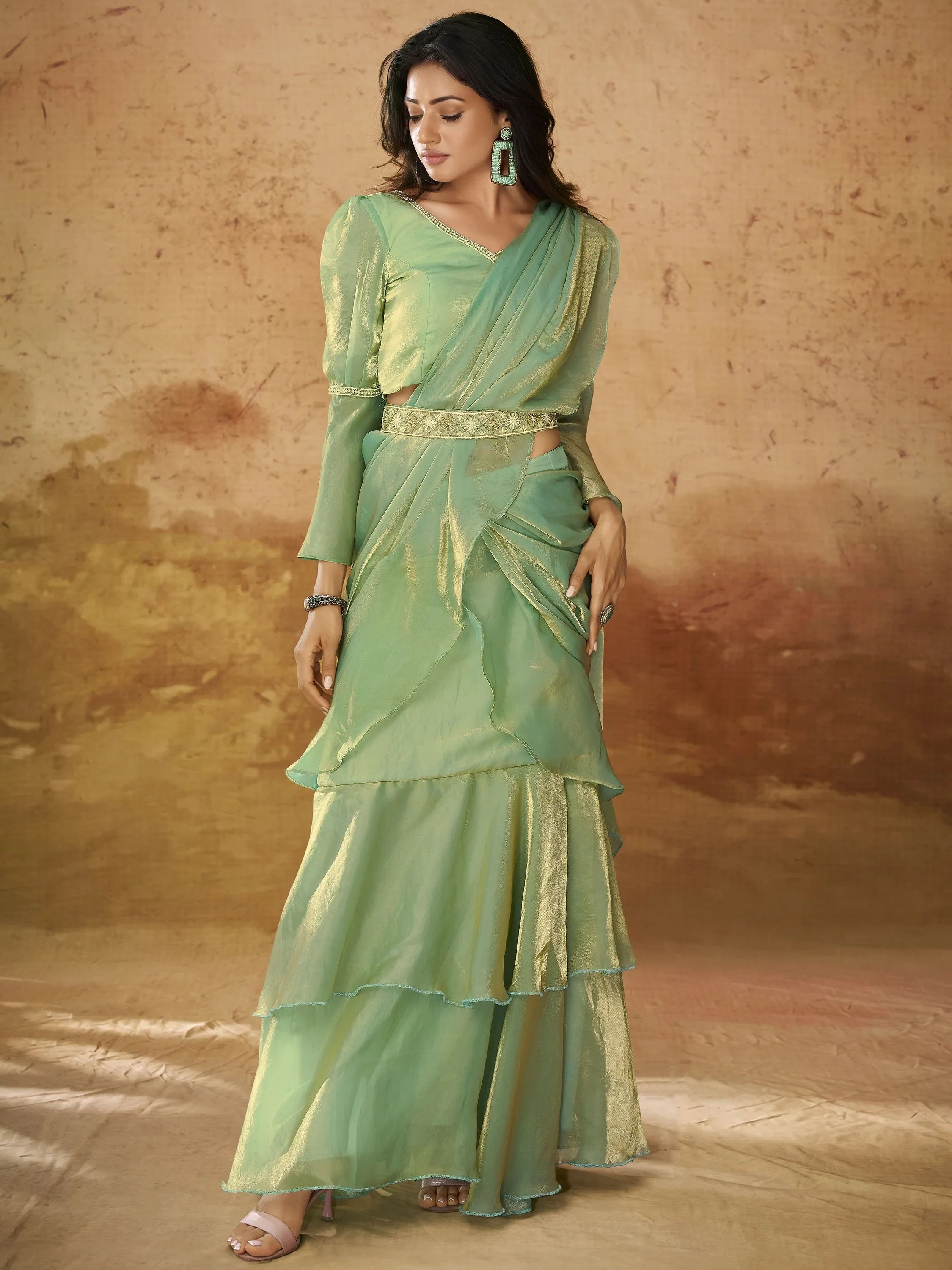 Pista Color Ruffles Work Organza Ready To Wear Saree With Blouse
