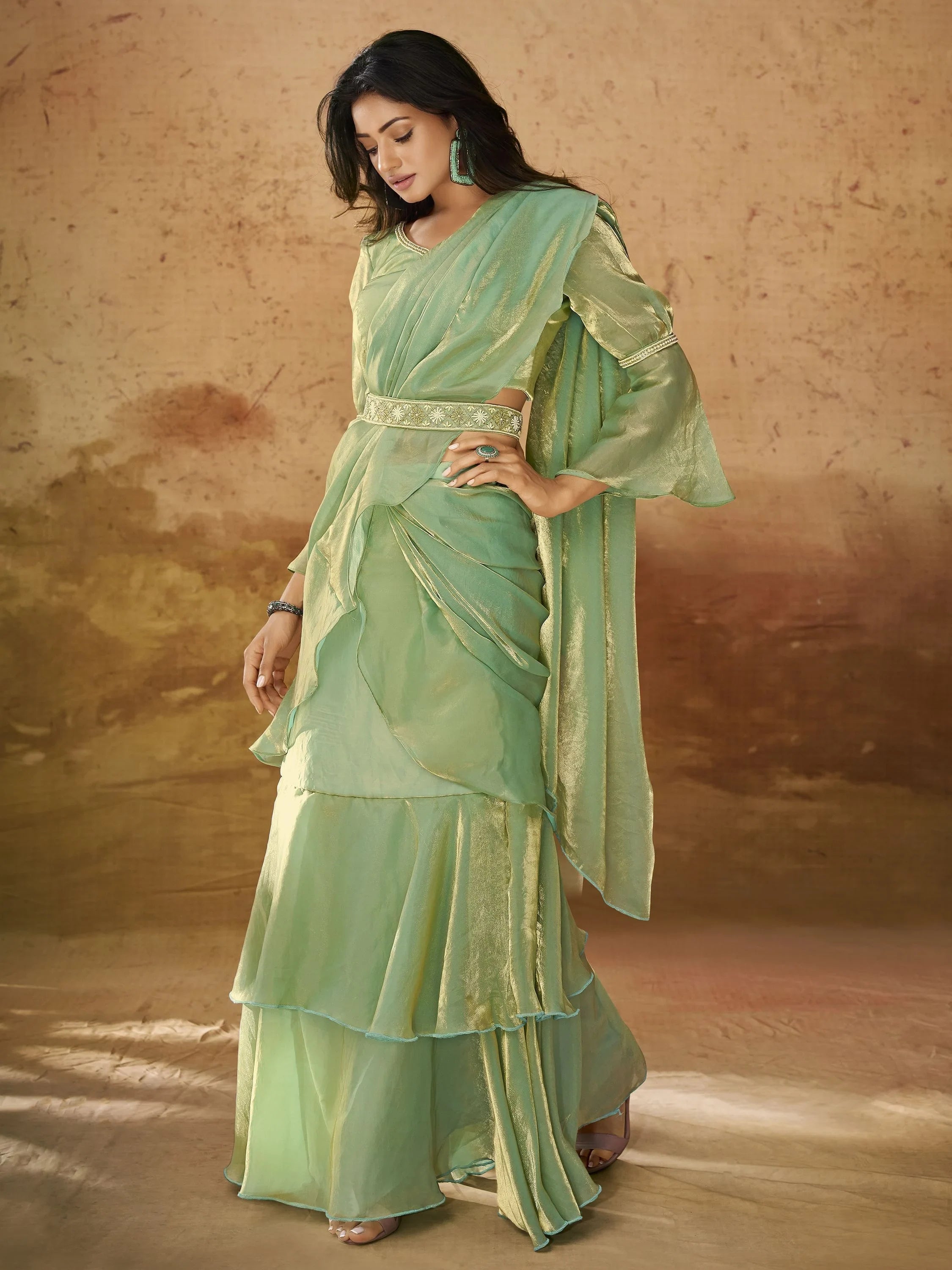 Pista Color Ruffles Work Organza Ready To Wear Saree With Blouse