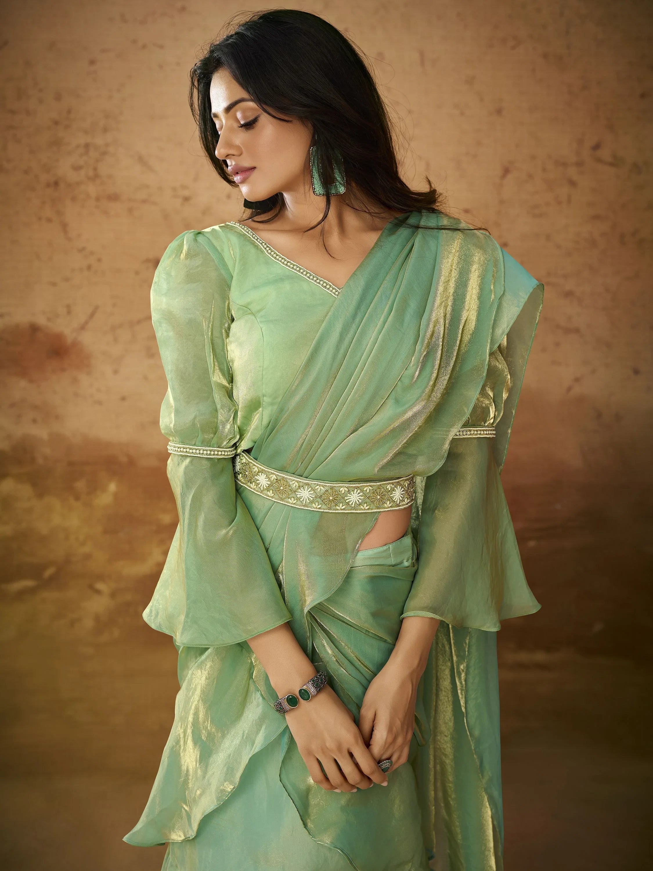 Pista Color Ruffles Work Organza Ready To Wear Saree With Blouse