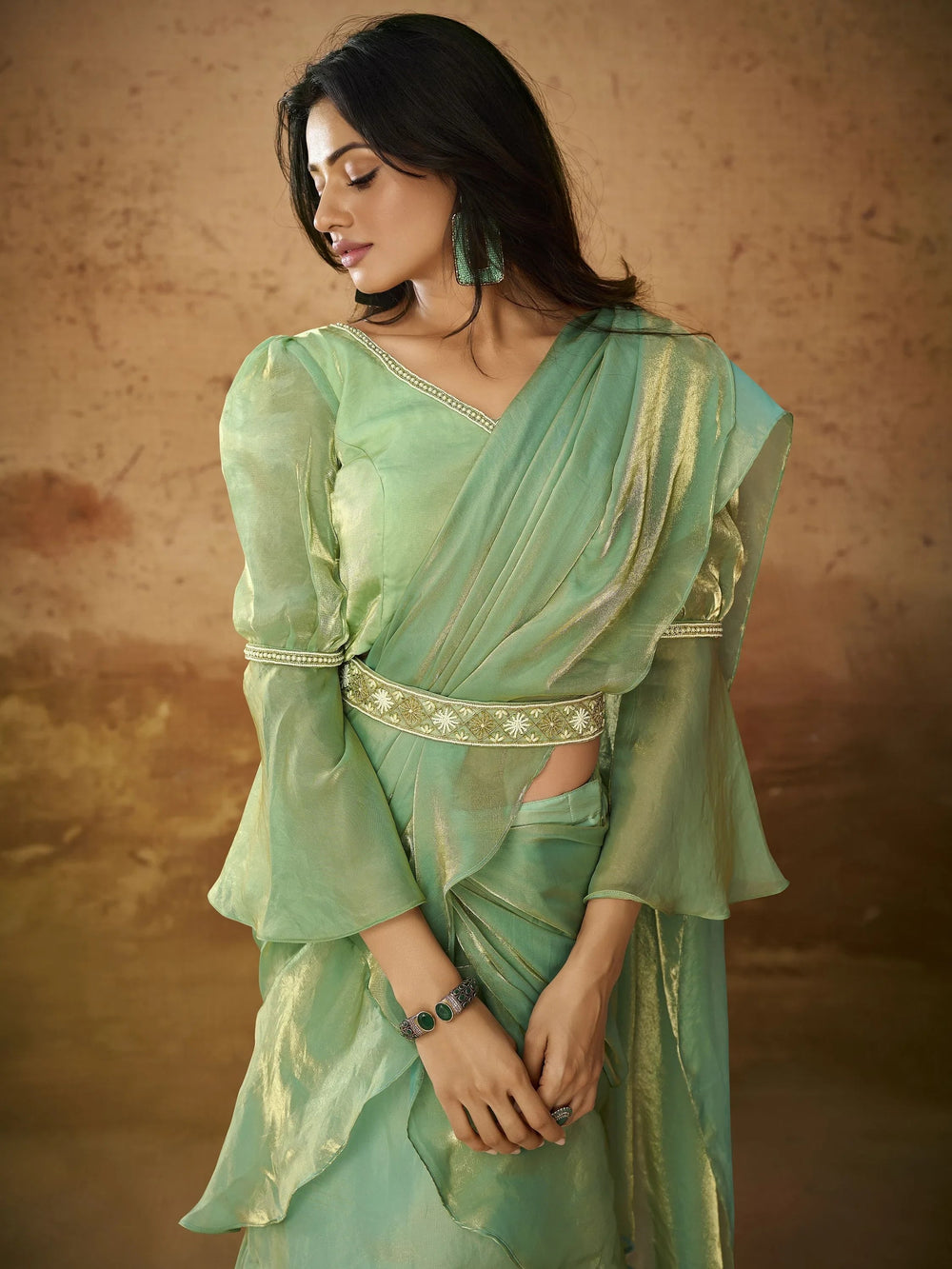 Pista Color Ruffles Work Organza Ready To Wear Saree With Blouse