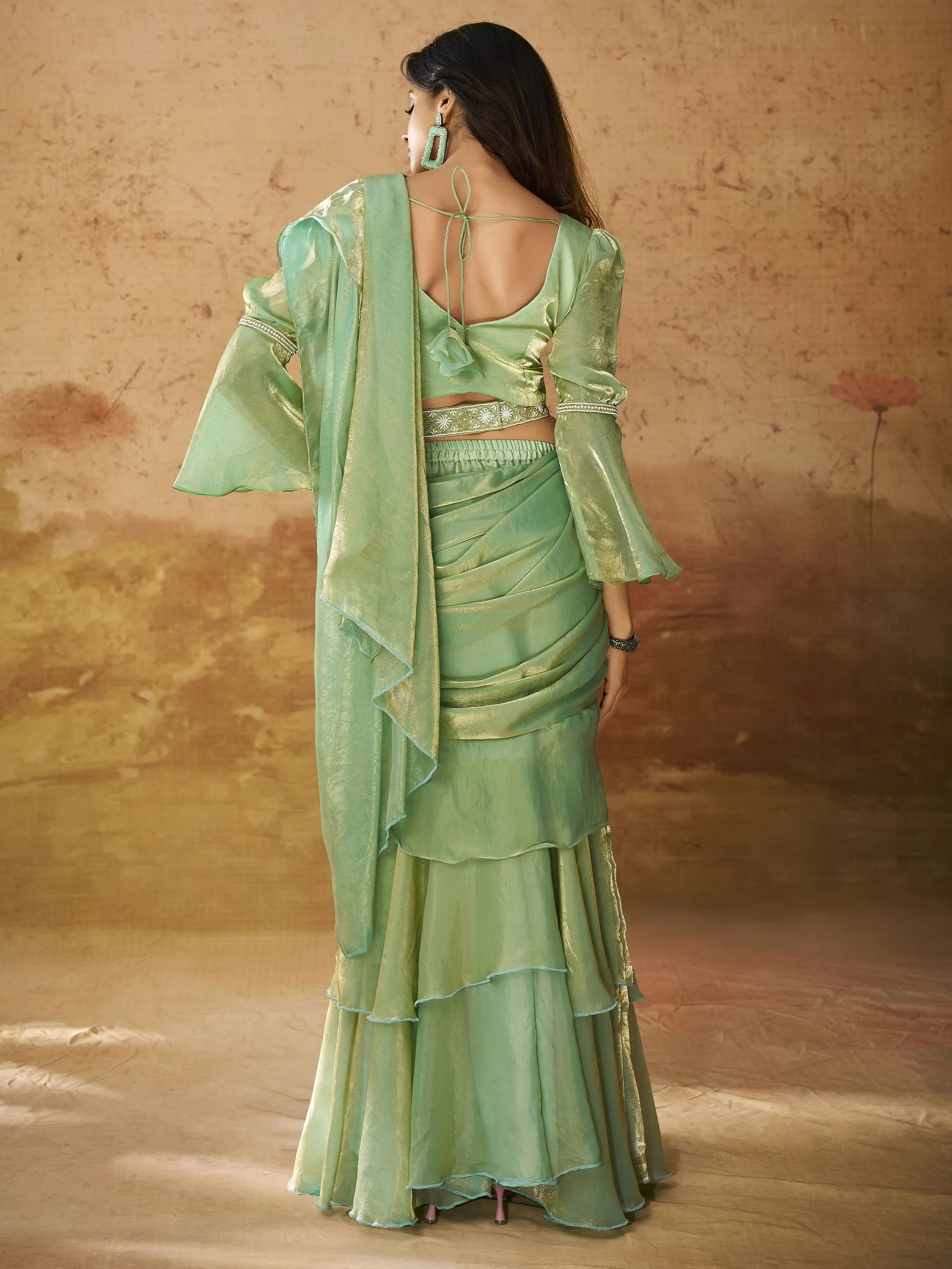 Pista Color Ruffles Work Organza Ready To Wear Saree With Blouse
