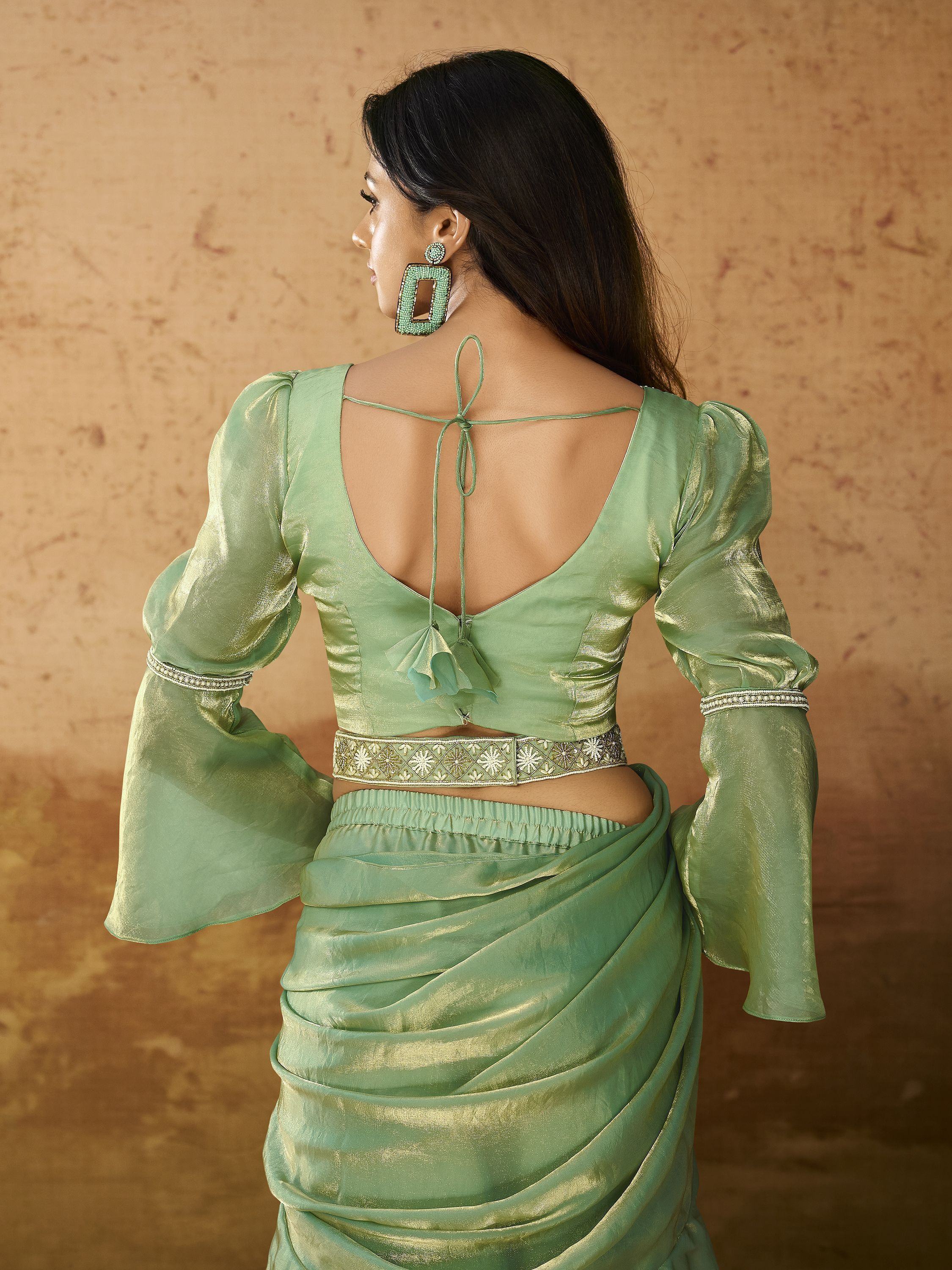 Pista Color Ruffles Work Organza Ready To Wear Saree With Blouse