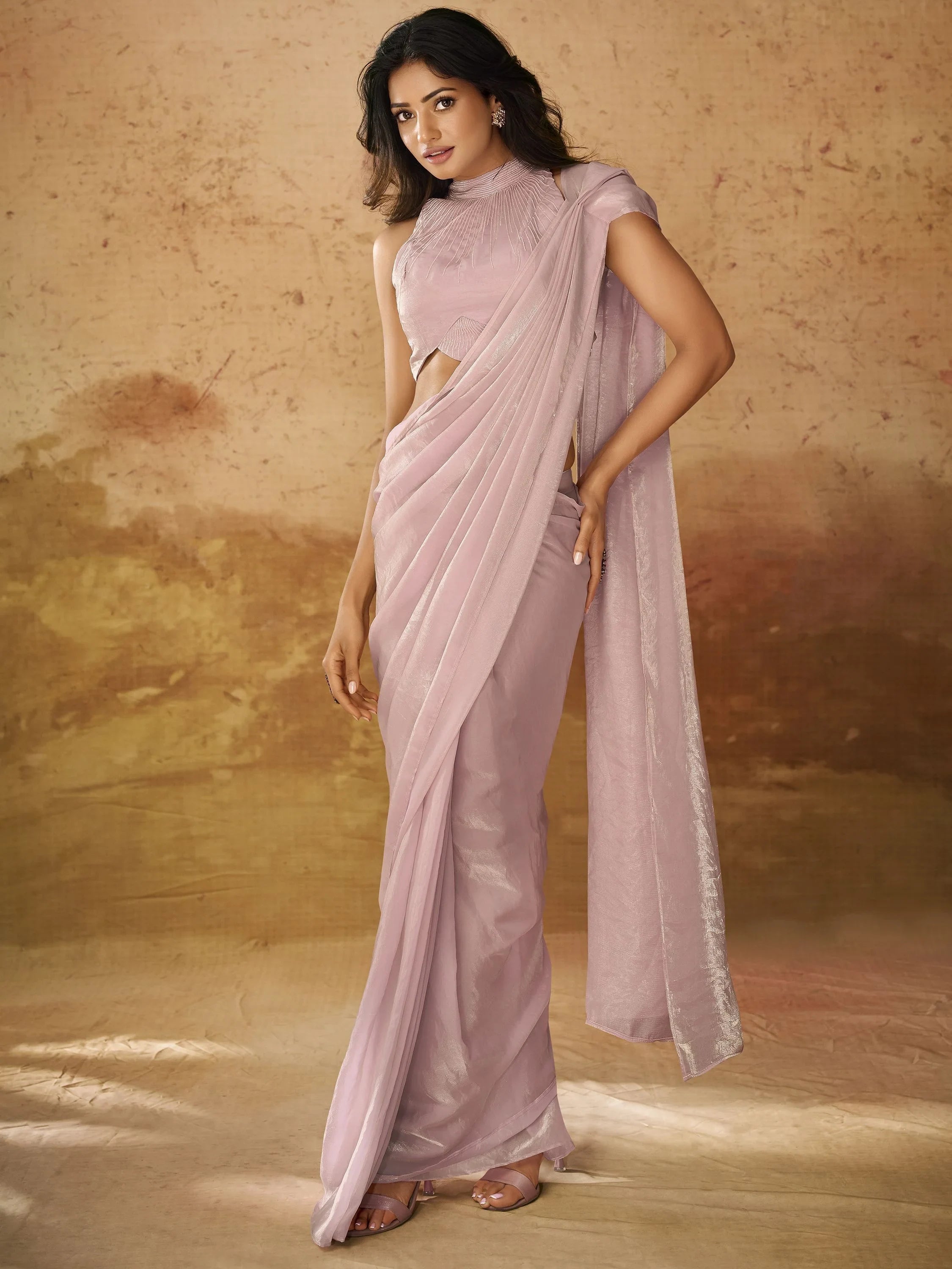 Baby Pink Hand Work Organza Ready To Wear Saree With Blouse