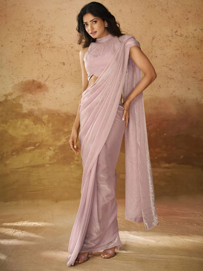 Baby Pink Hand Work Organza Ready To Wear Saree With Blouse