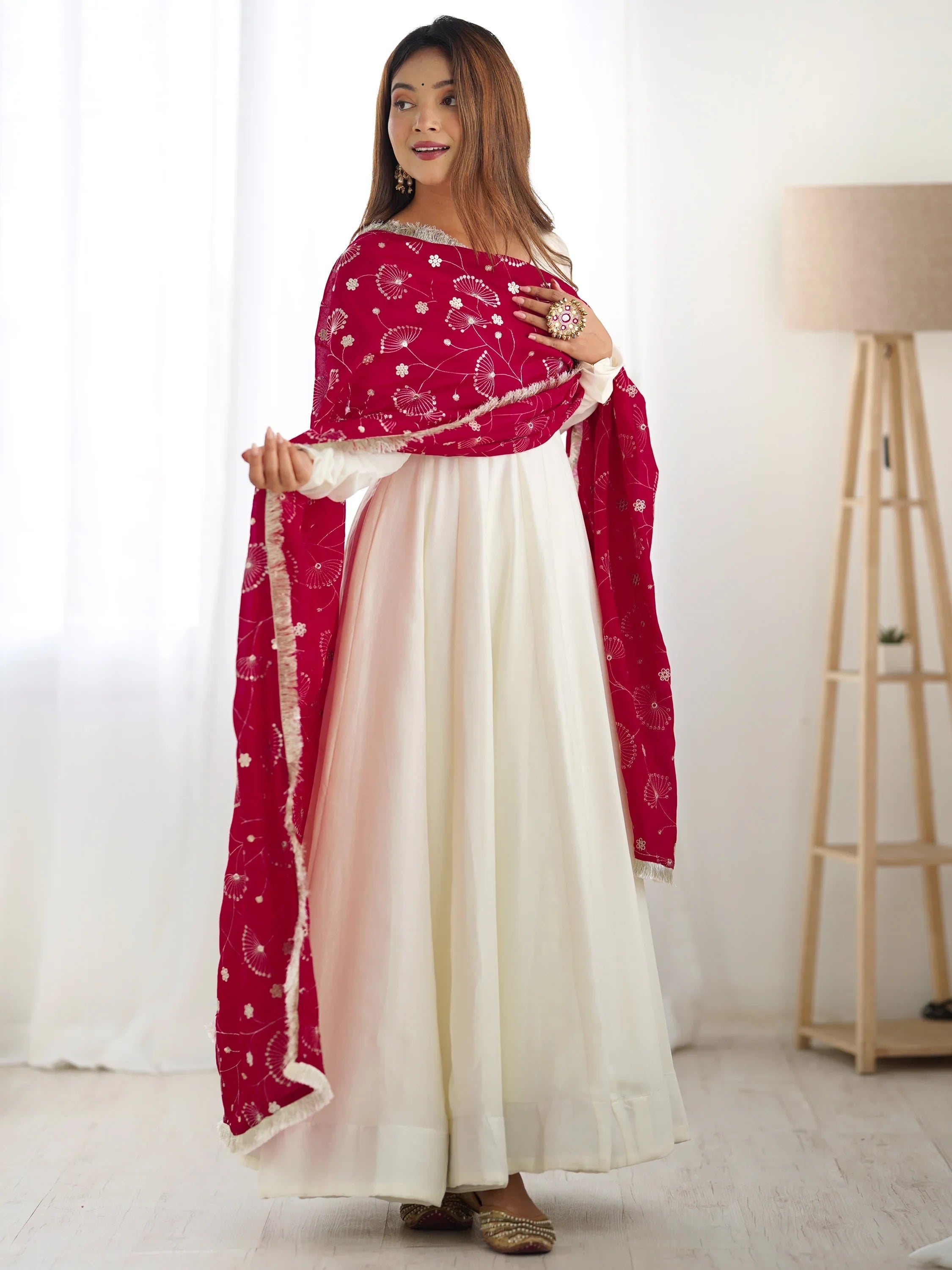 Off-White Silk Anarkali Gown With Heavy Pink Dupatta for Women