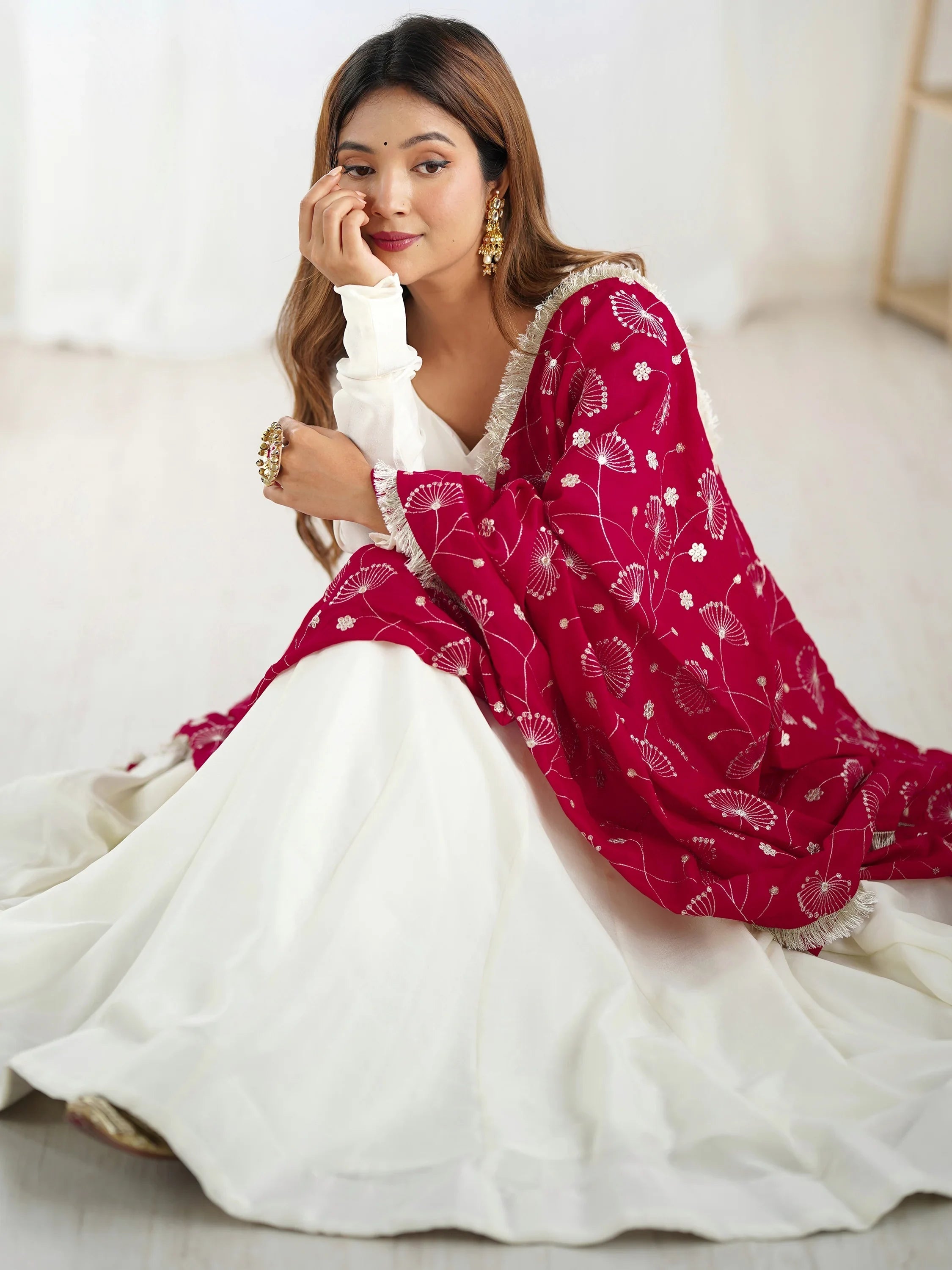 Off-White Silk Anarkali Gown With Heavy Pink Dupatta for Women