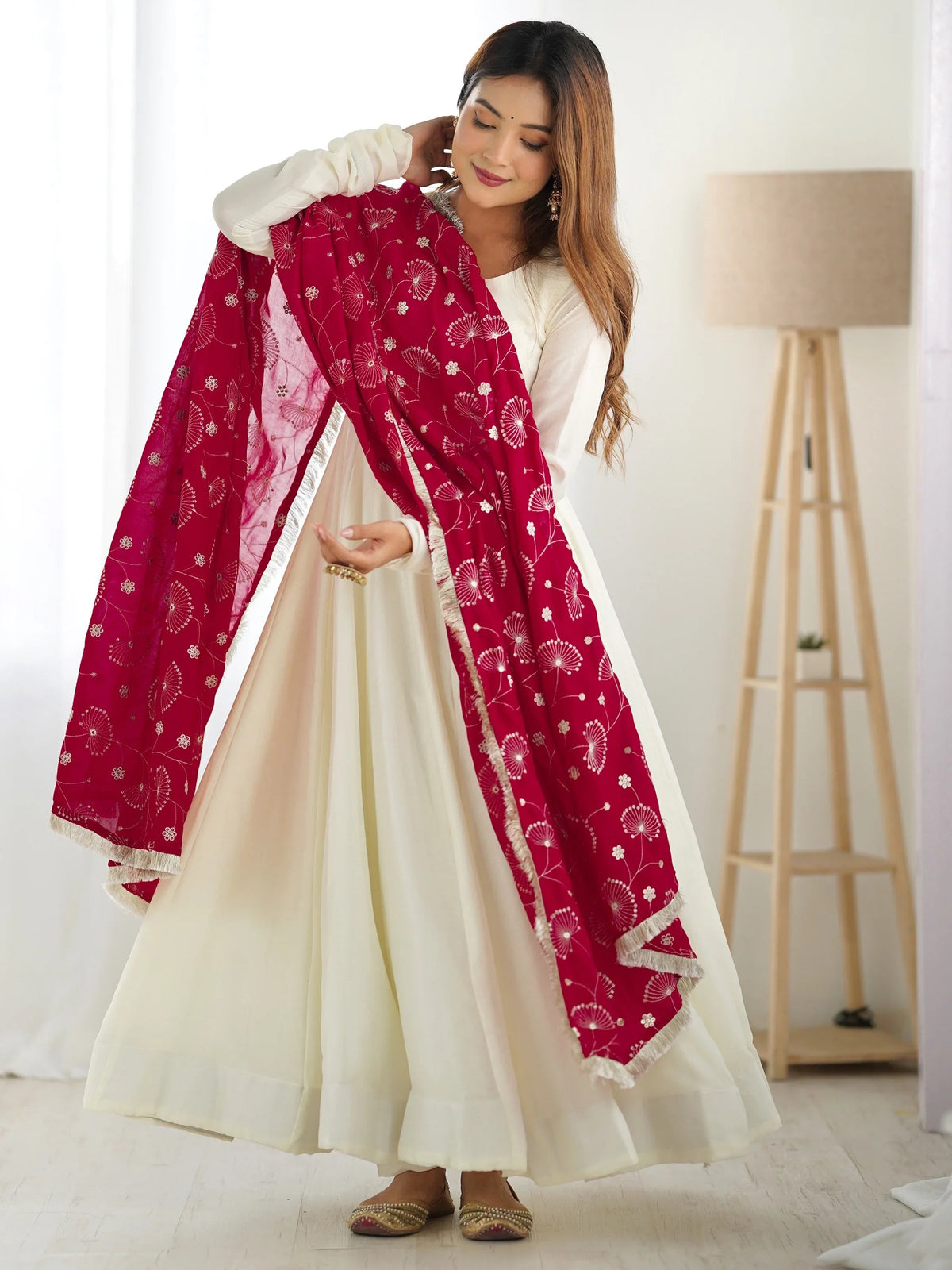 Off-White Silk Anarkali Gown With Heavy Pink Dupatta for Women
