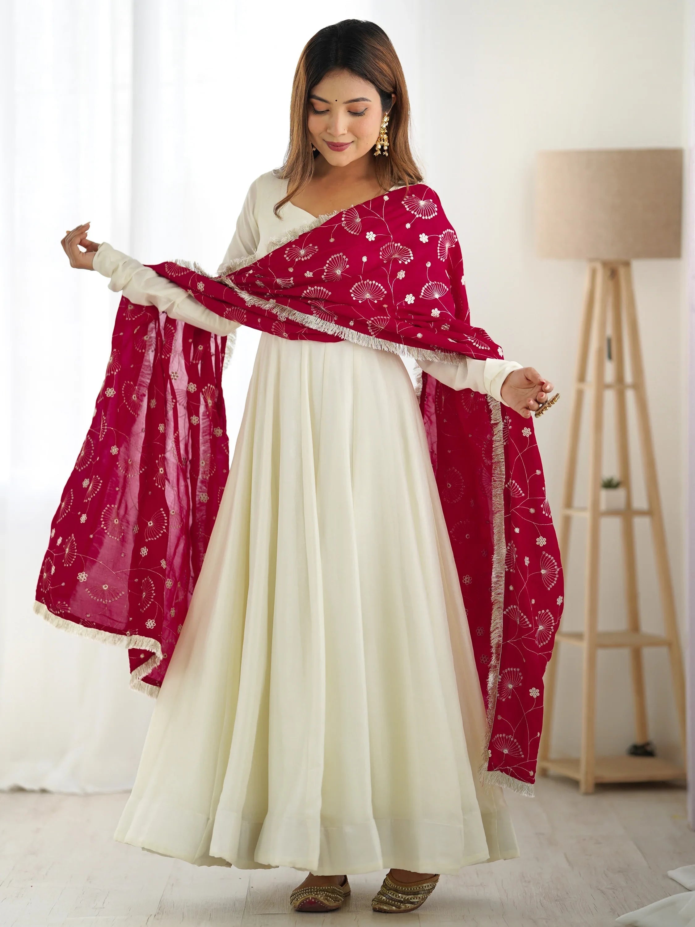 Off-White Silk Anarkali Gown With Heavy Pink Dupatta for Women