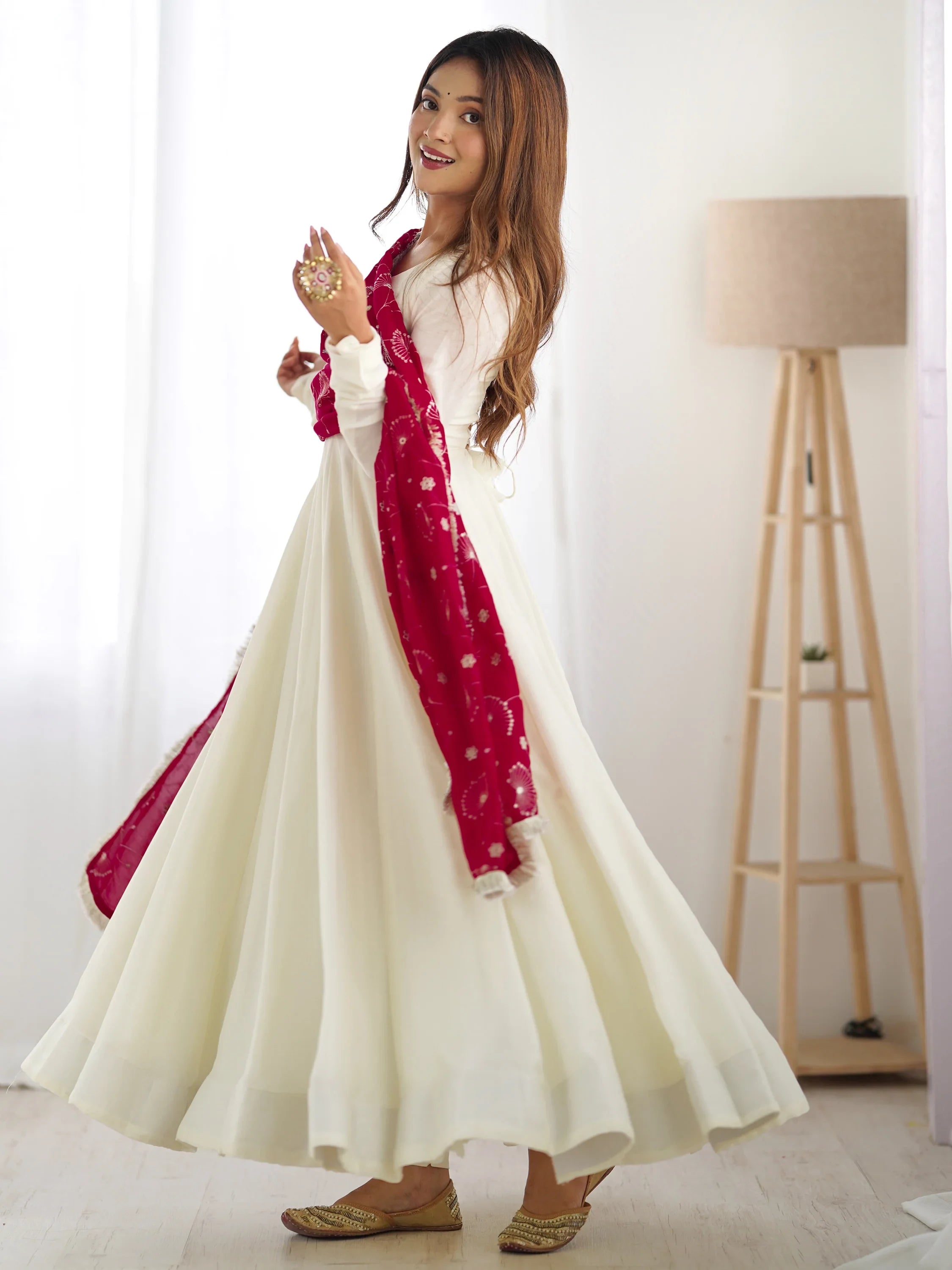 Off-White Silk Anarkali Gown With Heavy Pink Dupatta for Women