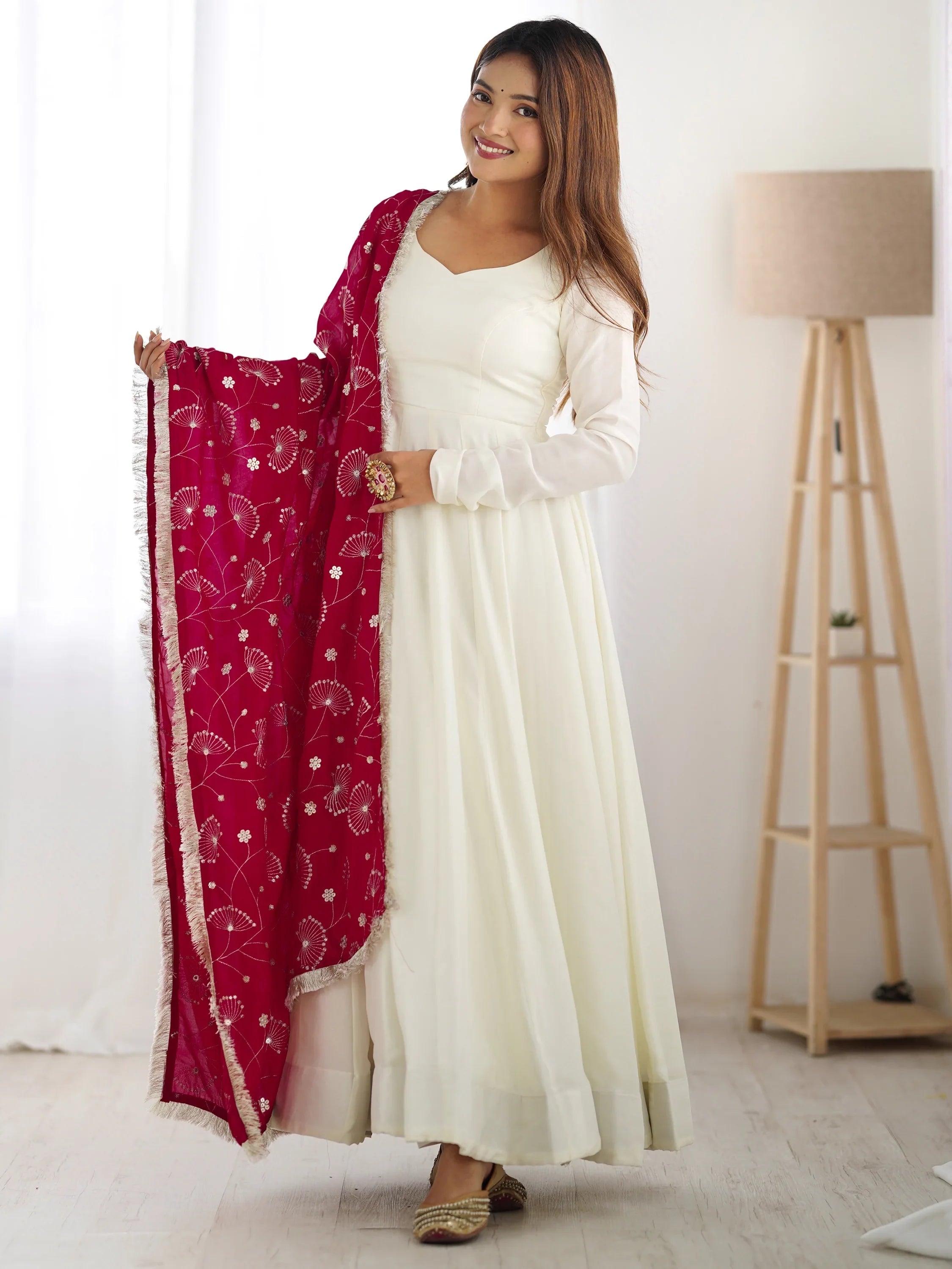 Off-White Silk Anarkali Gown With Heavy Pink Dupatta for Women