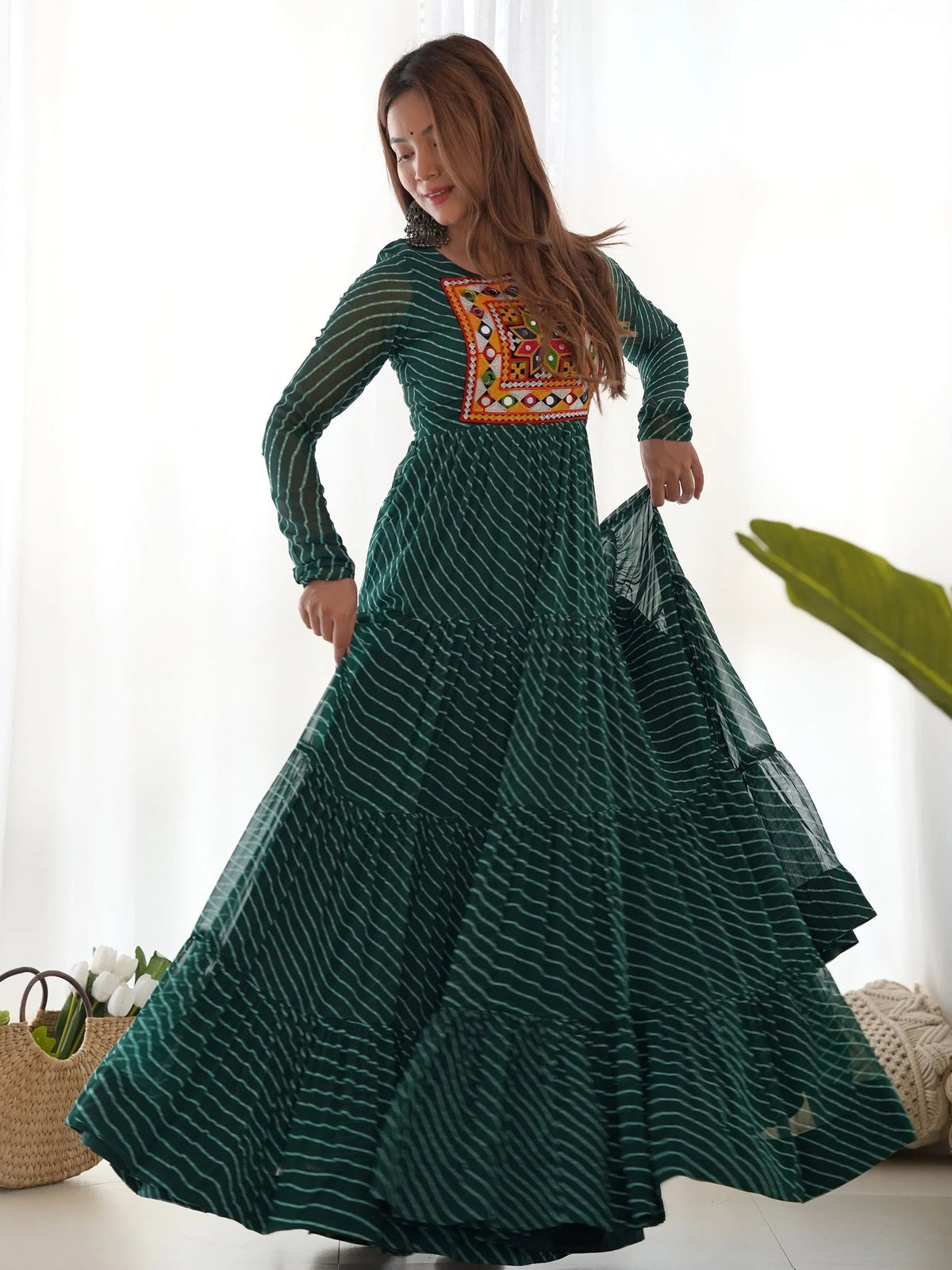 Green Laheriya Printed Georgette Navratri Wear Gown for Women