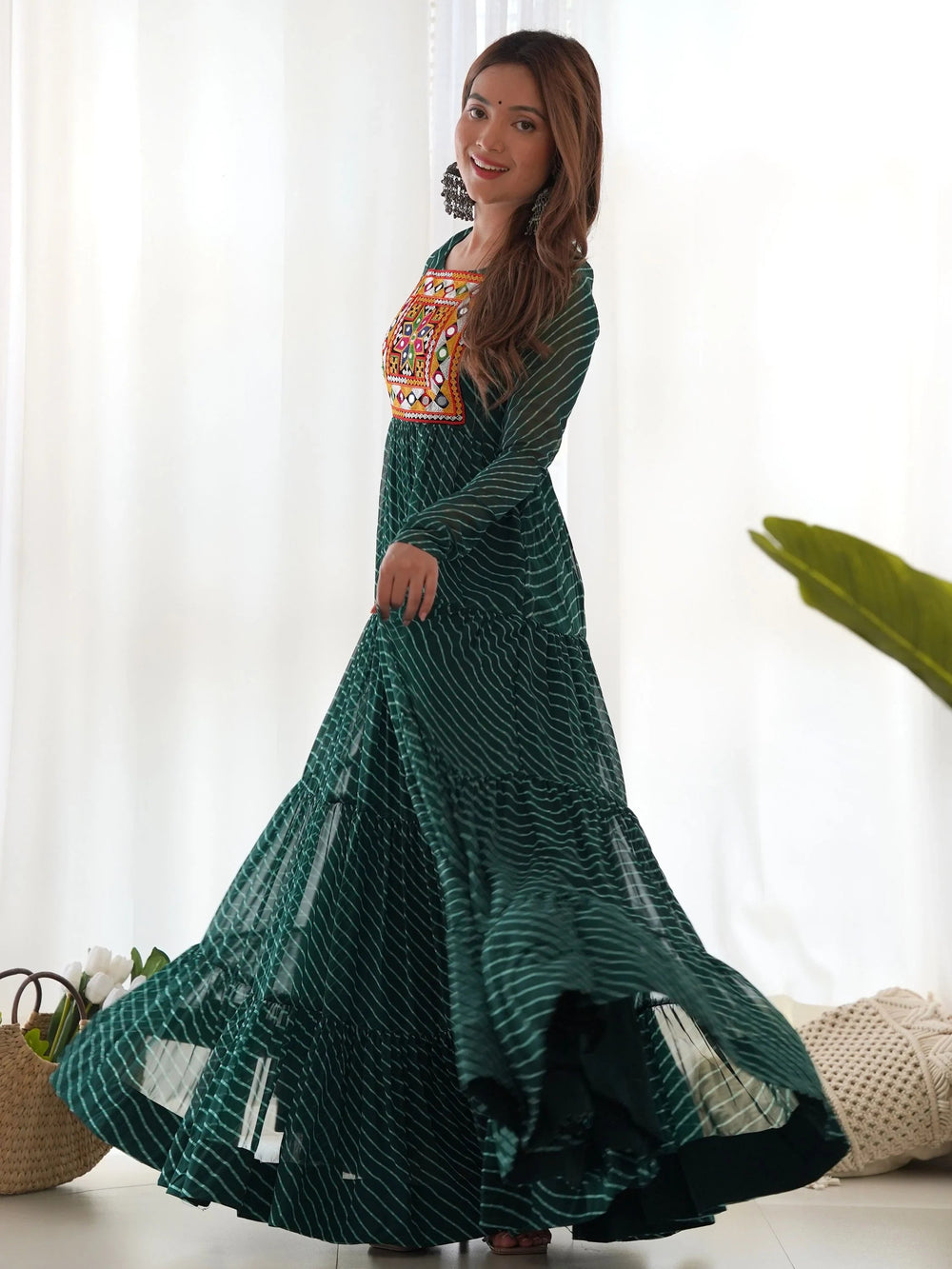 Green Laheriya Printed Georgette Navratri Wear Gown for Women