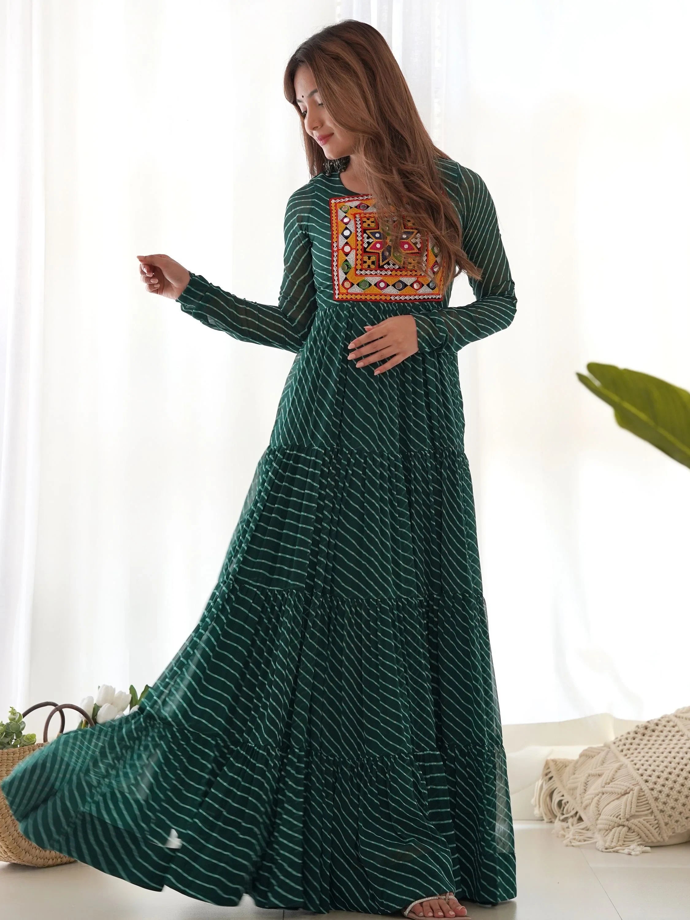 Green Laheriya Printed Georgette Navratri Wear Gown for Women