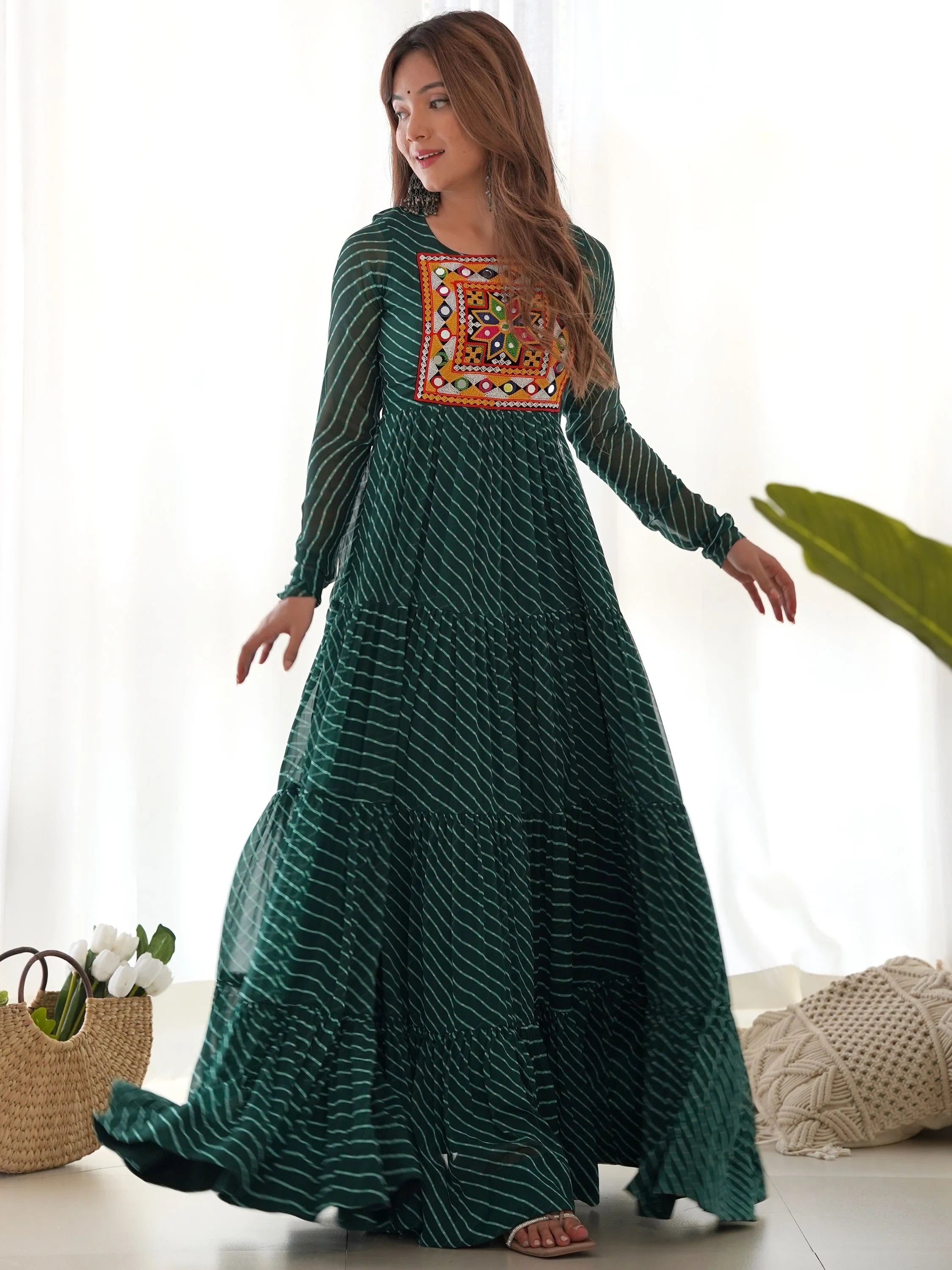 Green Laheriya Printed Georgette Navratri Wear Gown for Women