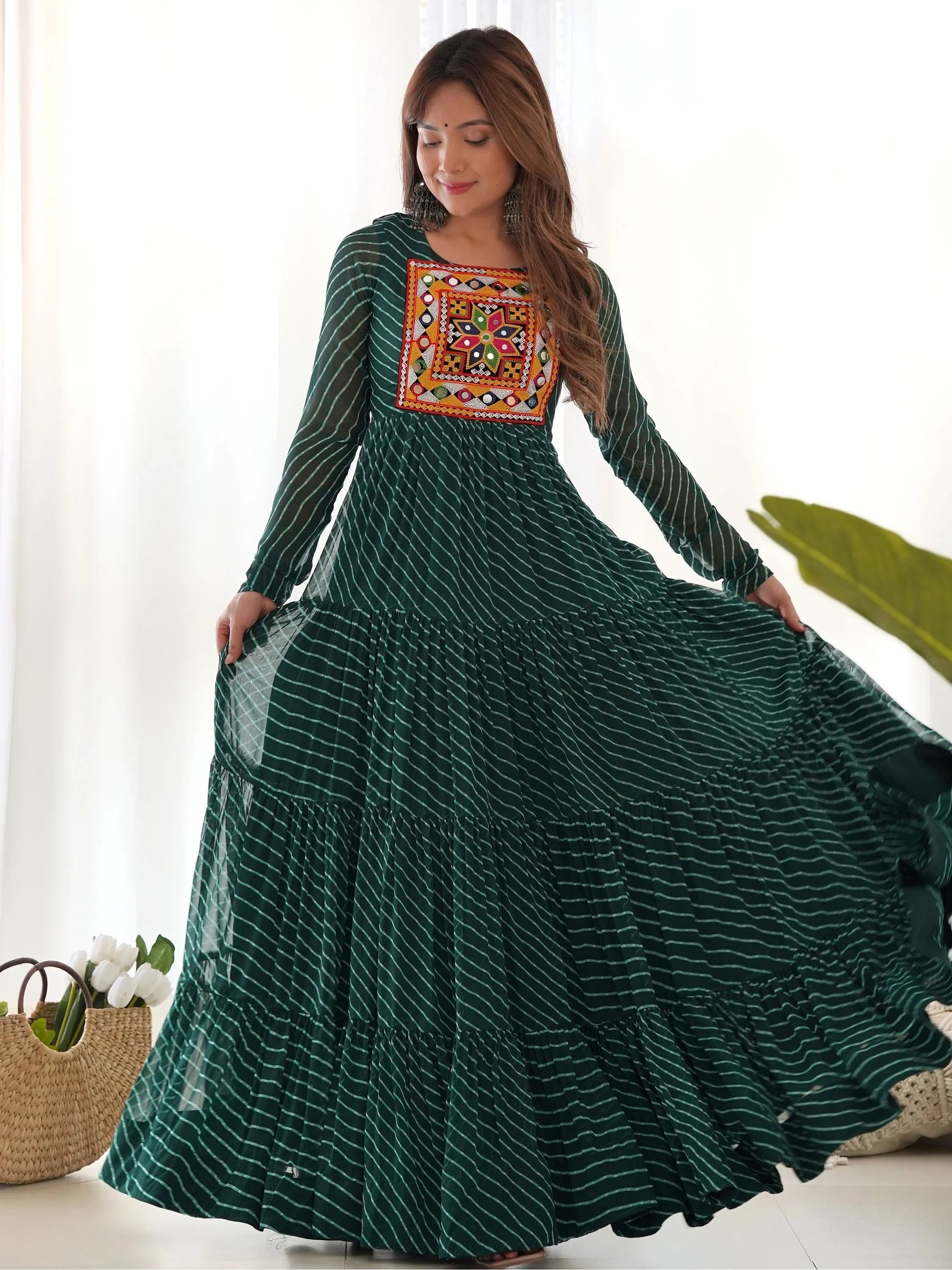 Green Laheriya Printed Georgette Navratri Wear Gown for Women
