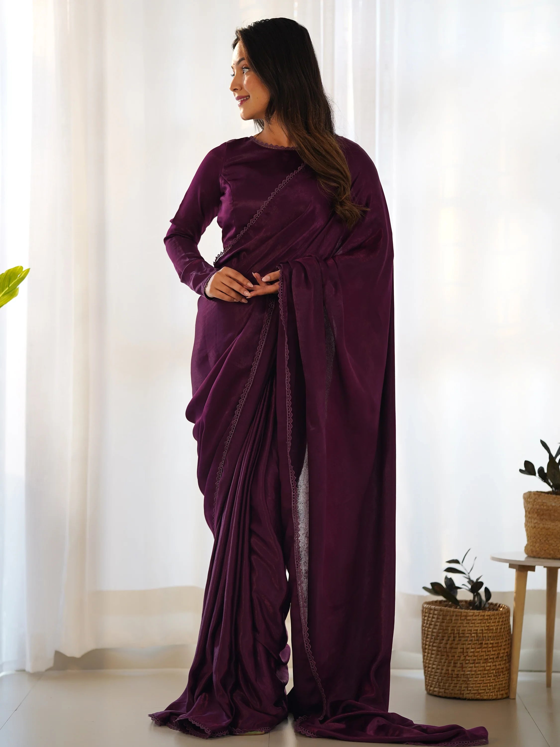 Purple Velvet Pre-Stitched Party Wear Saree With Blouse