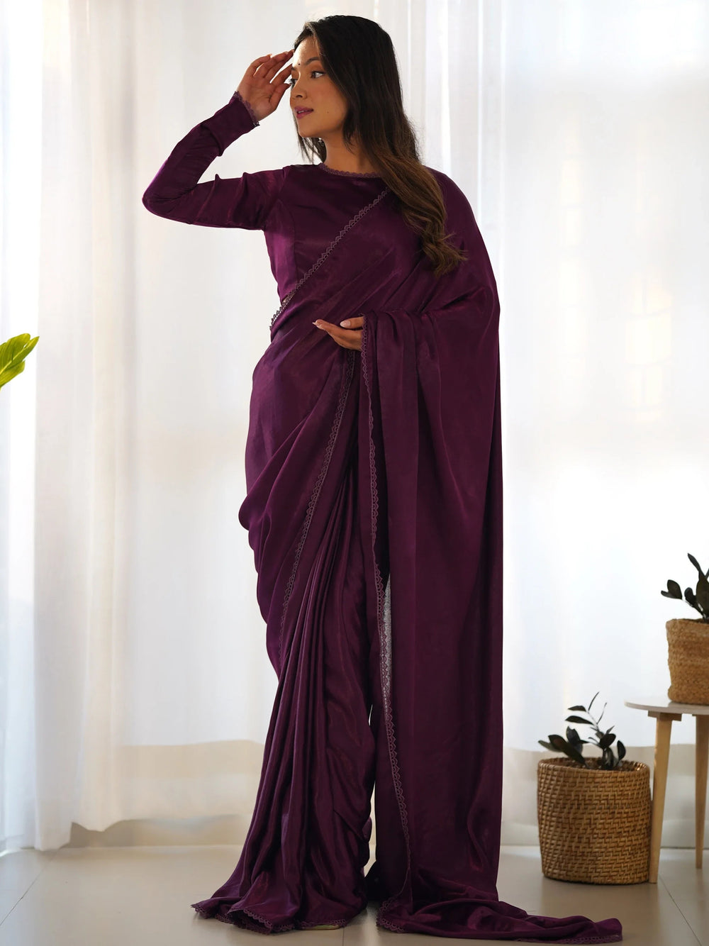 Purple Velvet Pre-Stitched Party Wear Saree With Blouse