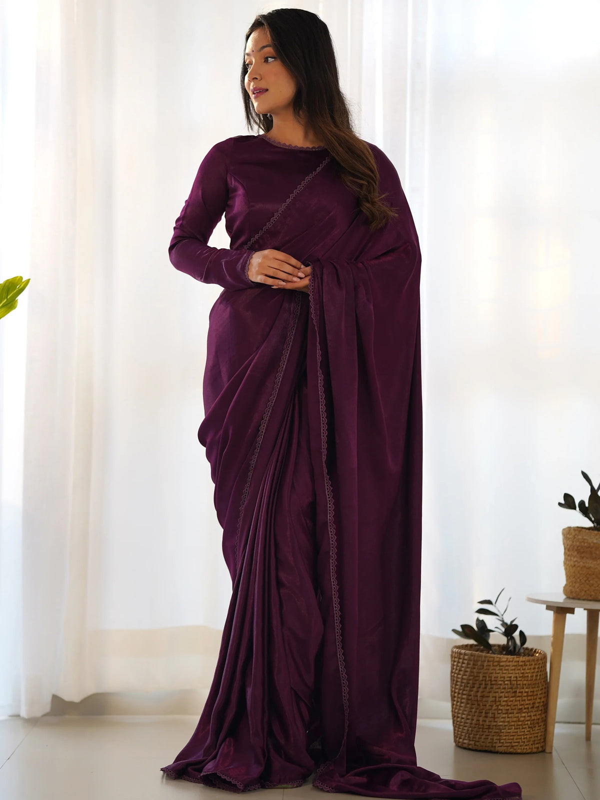 Purple Velvet Pre-Stitched Party Wear Saree With Blouse