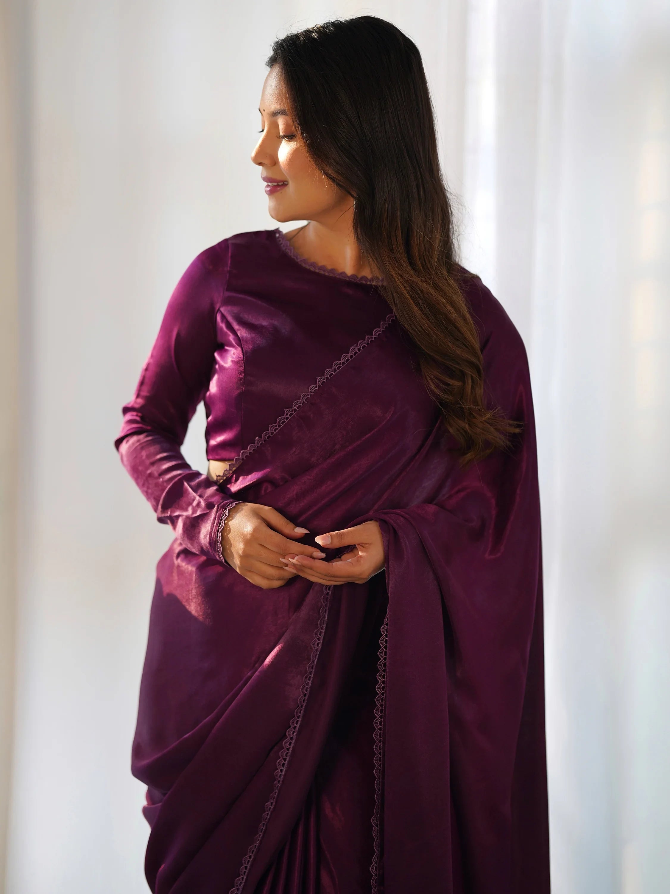 Purple Velvet Pre-Stitched Party Wear Saree With Blouse