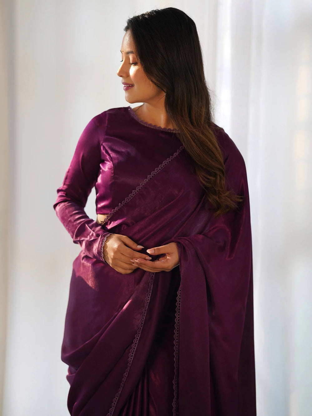 Purple Velvet Pre-Stitched Party Wear Saree With Blouse