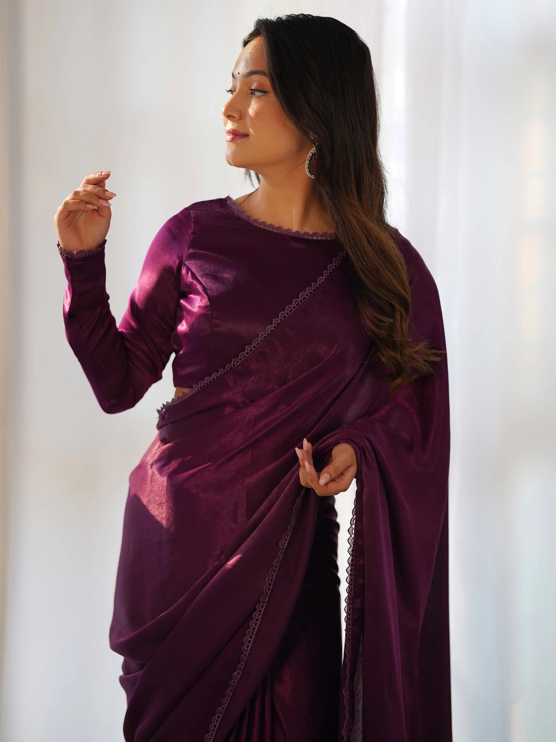 Purple Velvet Pre-Stitched Party Wear Saree With Blouse