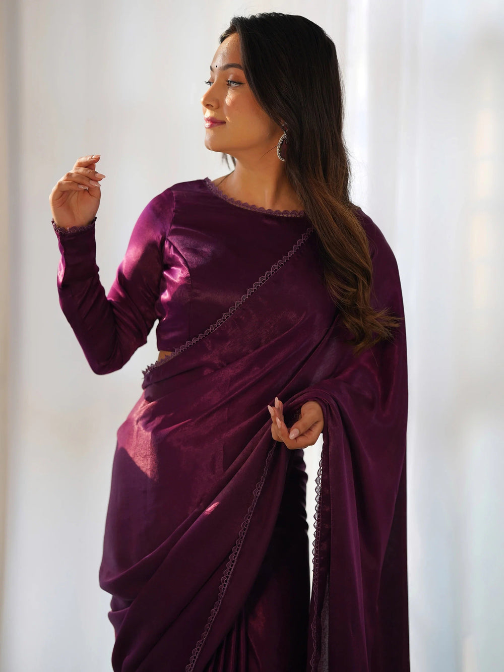 Purple Velvet Pre-Stitched Party Wear Saree With Blouse