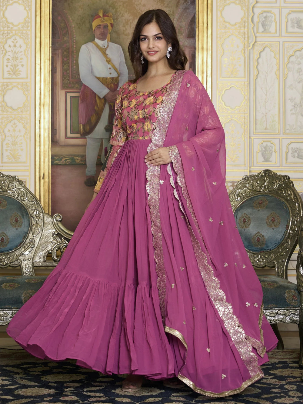 Pink Color Zari Weaving Georgette Function Wear Gown for Women