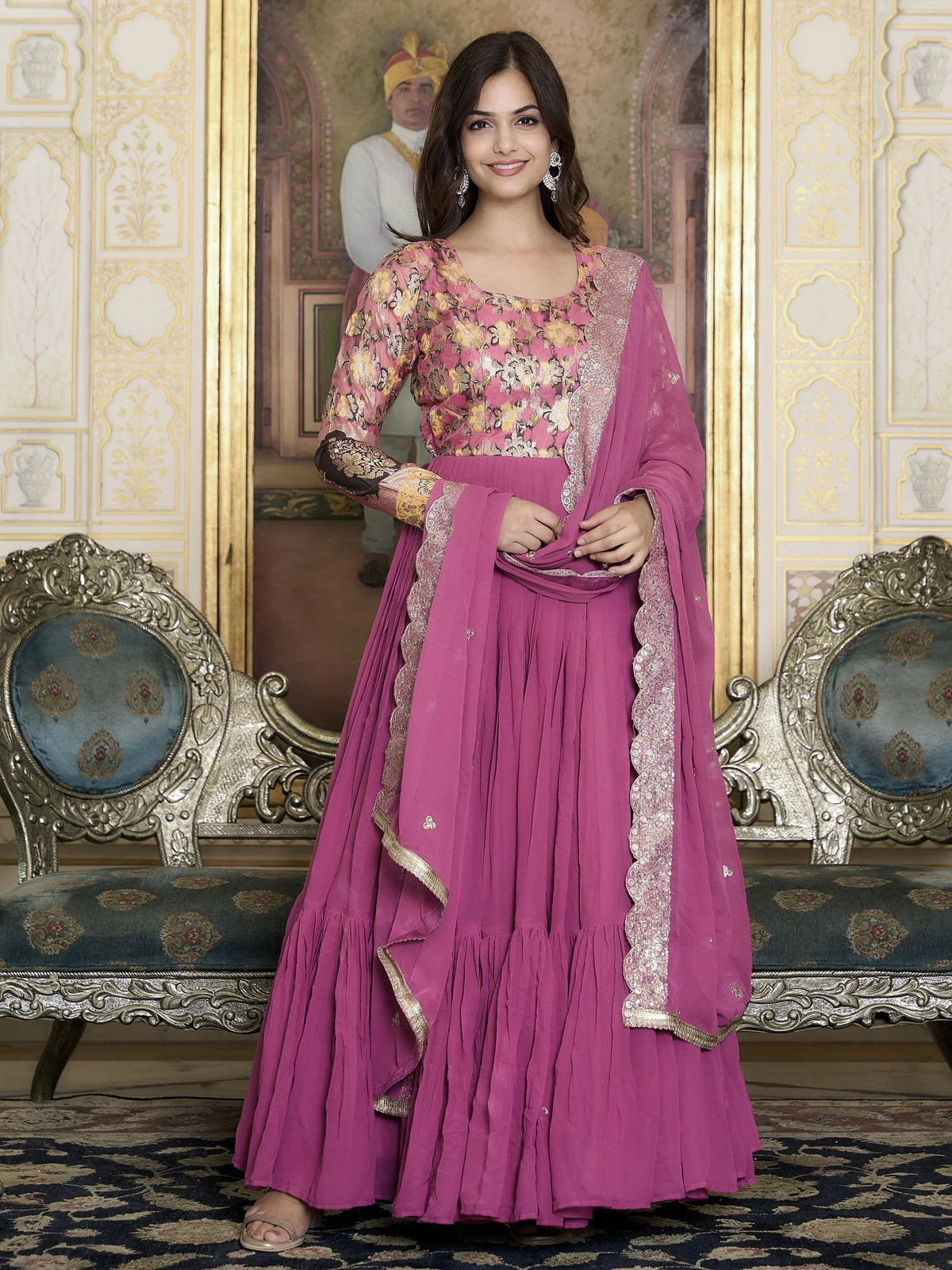 Pink Color Zari Weaving Georgette Function Wear Gown for Women