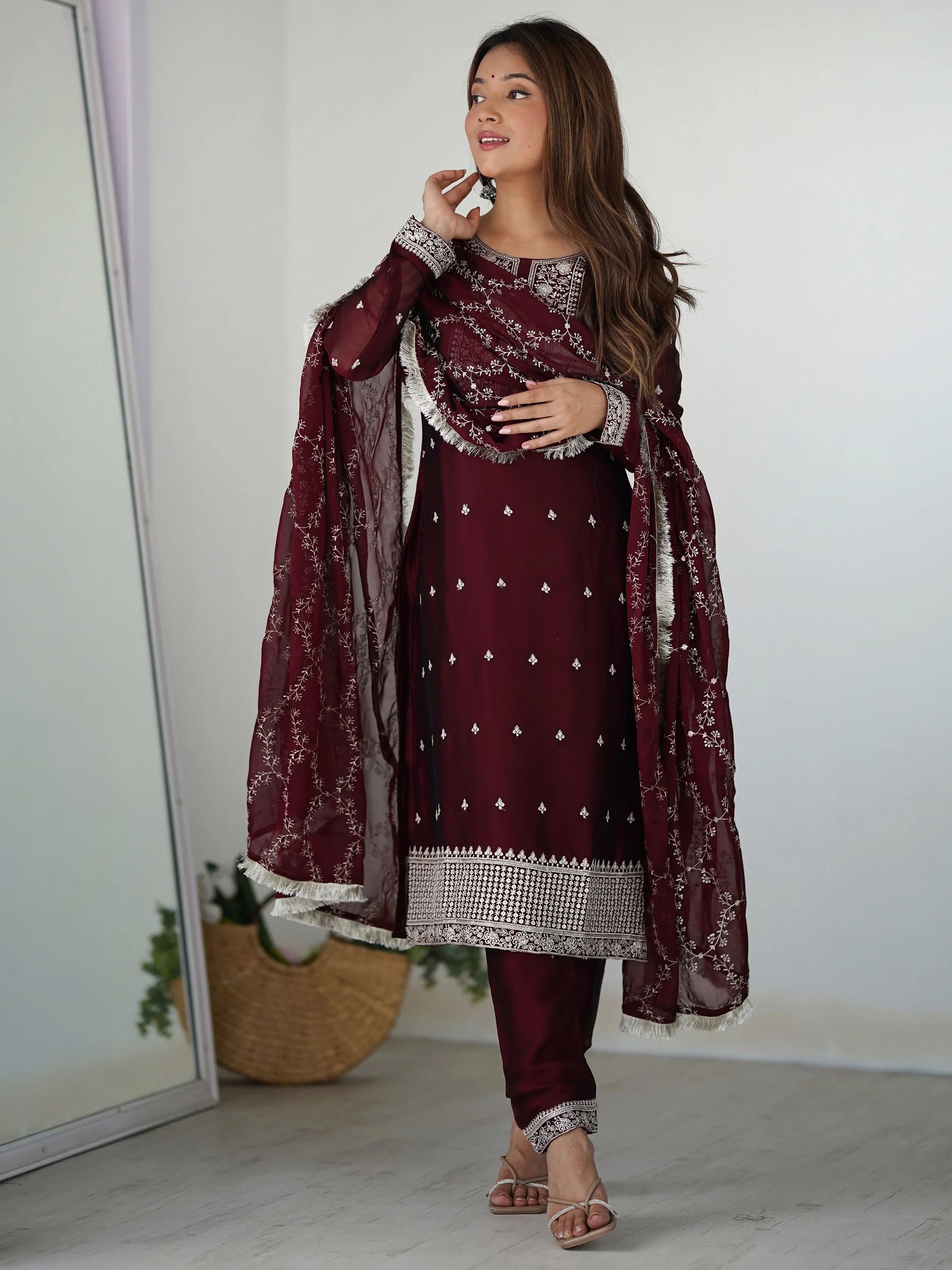 Maroon Superb Thread Work Silk Reception Wear Pant Suit With Dupatta