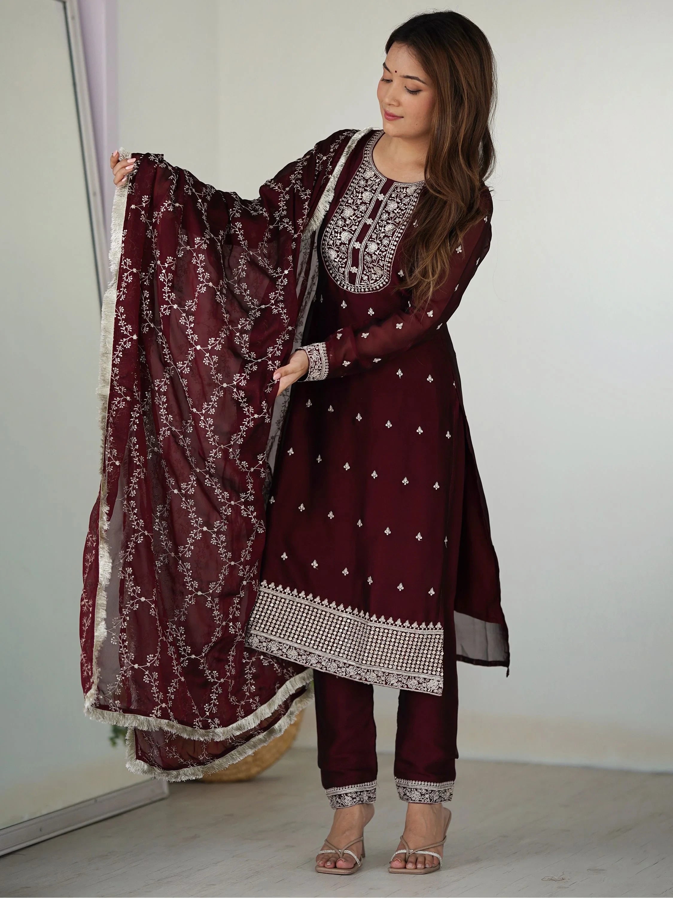 Maroon Superb Thread Work Silk Reception Wear Pant Suit With Dupatta