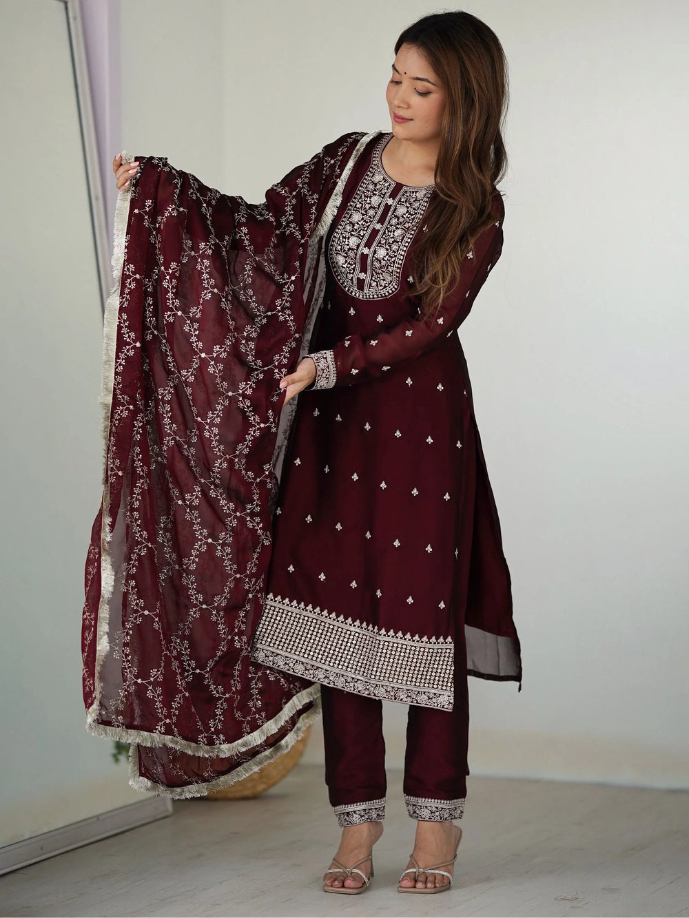 Maroon Superb Thread Work Silk Reception Wear Pant Suit With Dupatta
