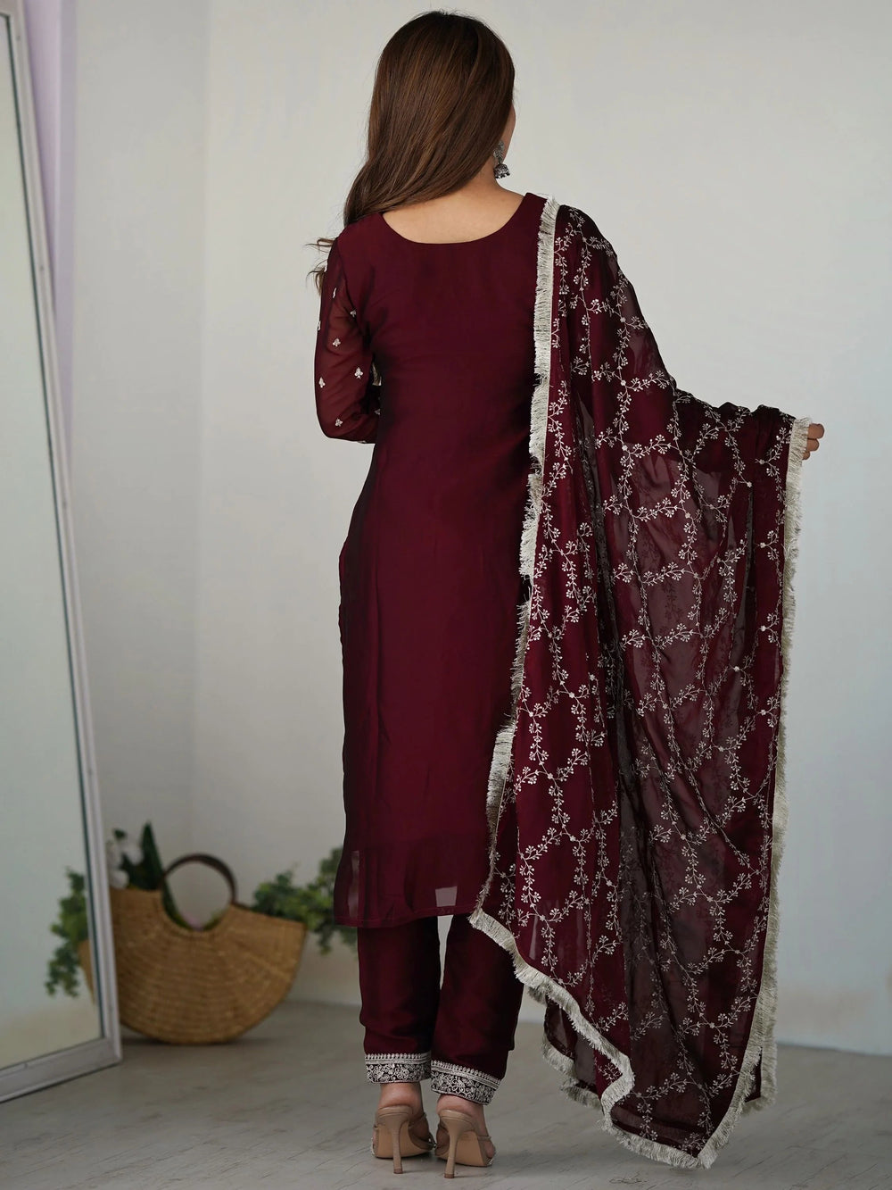 Maroon Superb Thread Work Silk Reception Wear Pant Suit With Dupatta