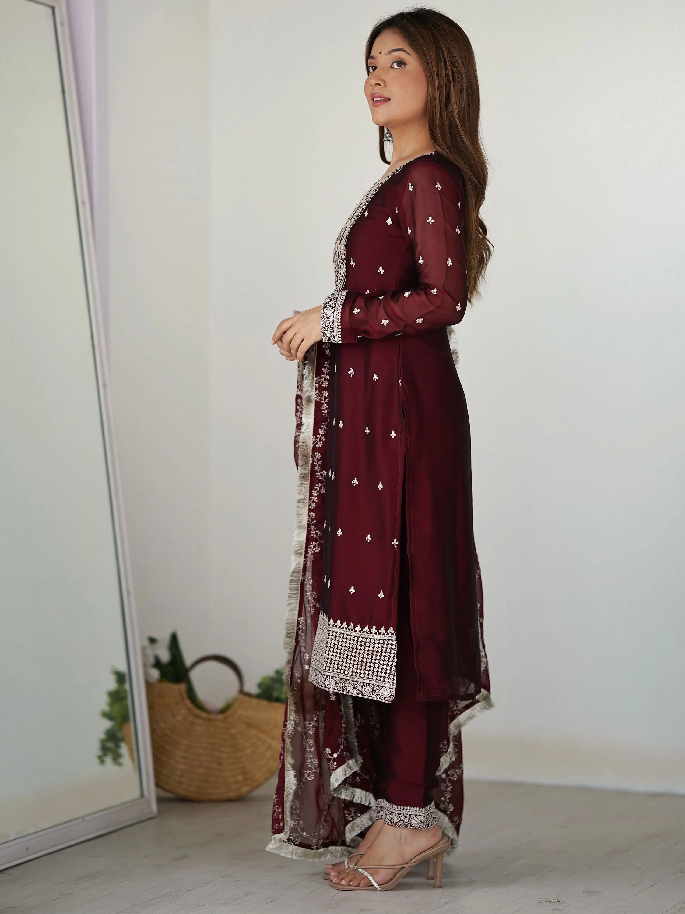 Maroon Superb Thread Work Silk Reception Wear Pant Suit With Dupatta