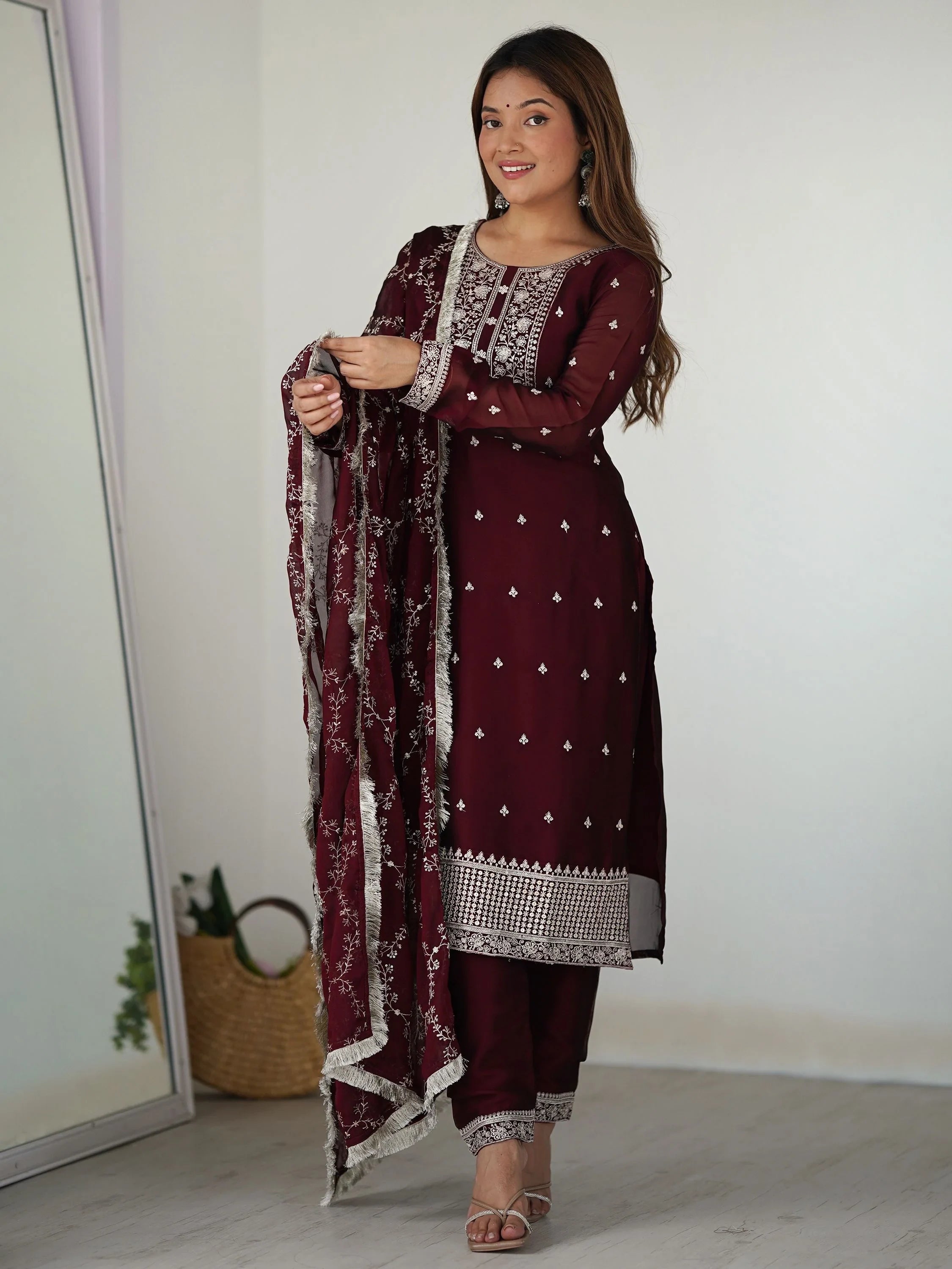 Maroon Superb Thread Work Silk Reception Wear Pant Suit With Dupatta