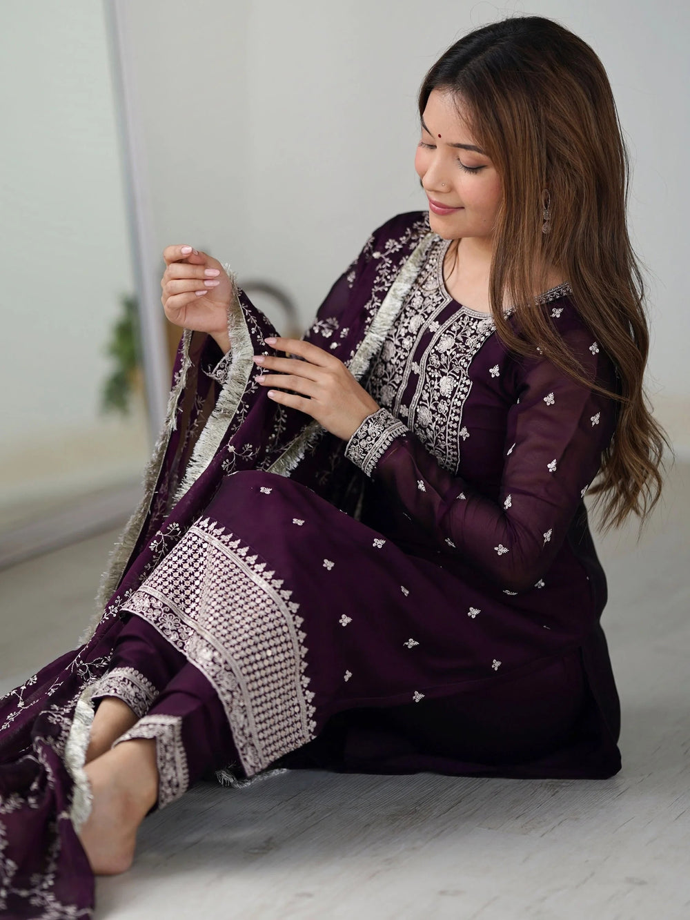 Purple Superb Thread Work Silk Reception Wear Pant Suit With Dupatta