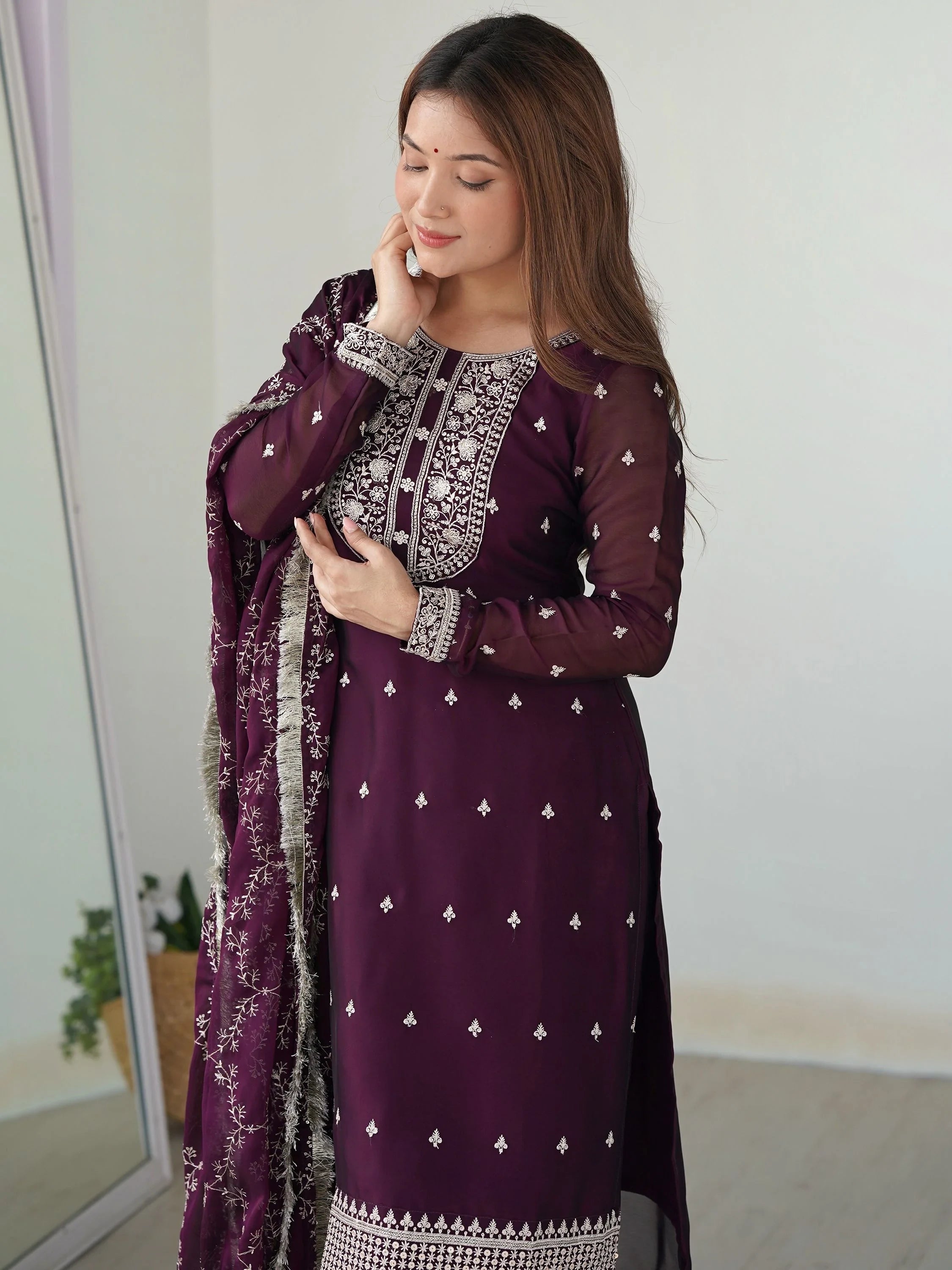 Purple Superb Thread Work Silk Reception Wear Pant Suit With Dupatta
