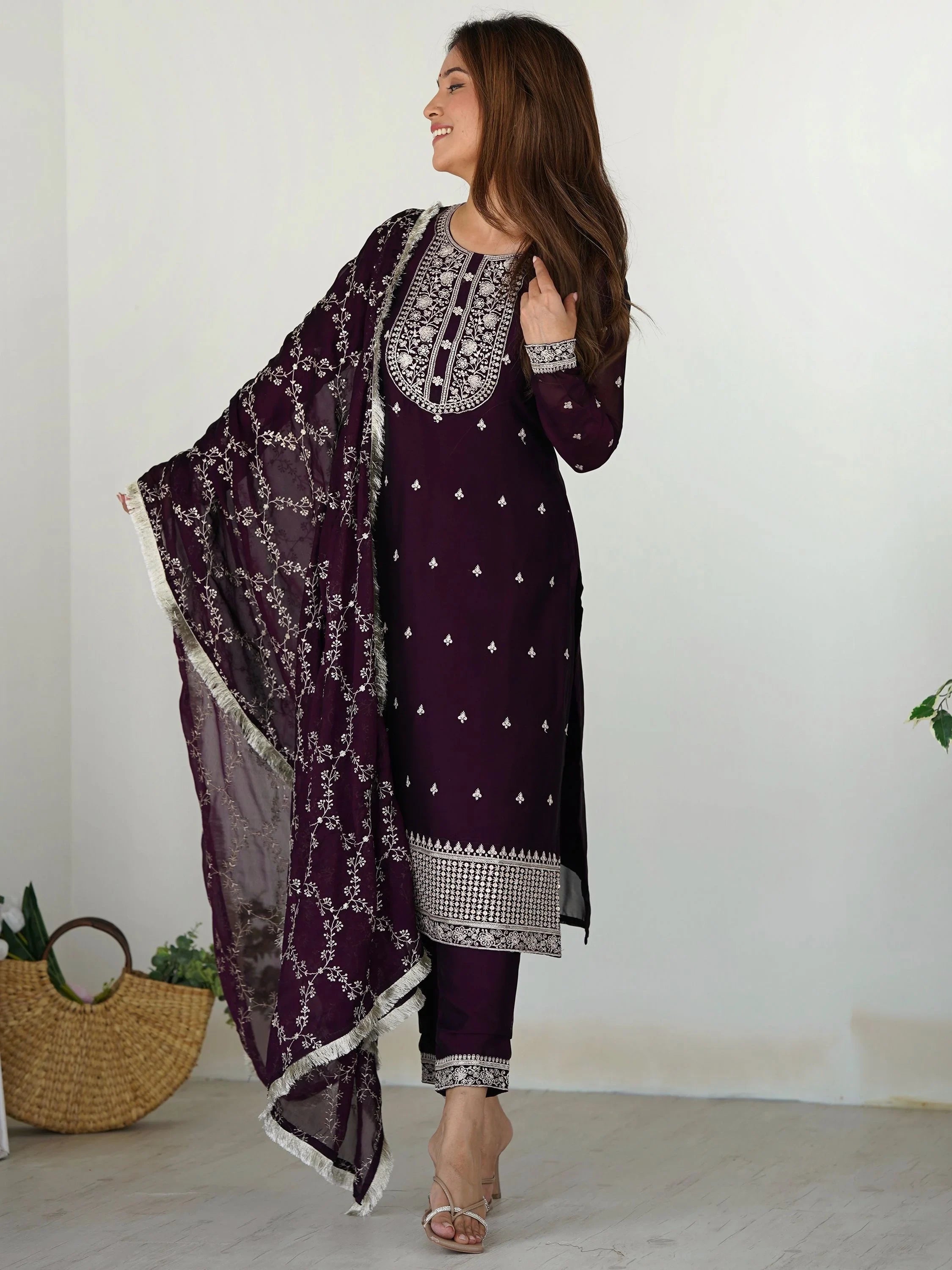 Purple Superb Thread Work Silk Reception Wear Pant Suit With Dupatta