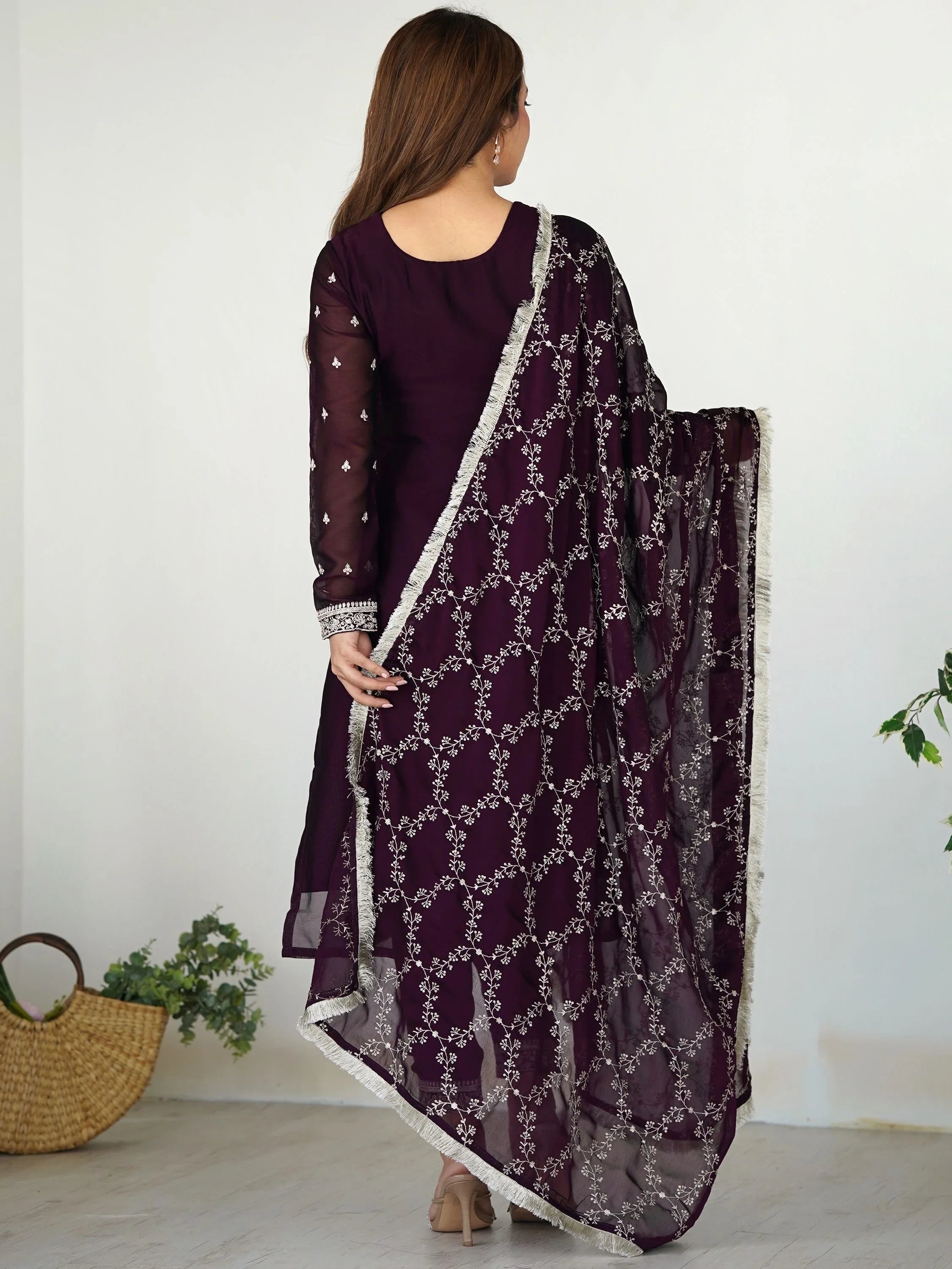 Purple Superb Thread Work Silk Reception Wear Pant Suit With Dupatta
