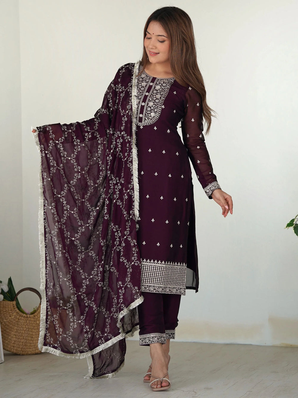 Purple Superb Thread Work Silk Reception Wear Pant Suit With Dupatta