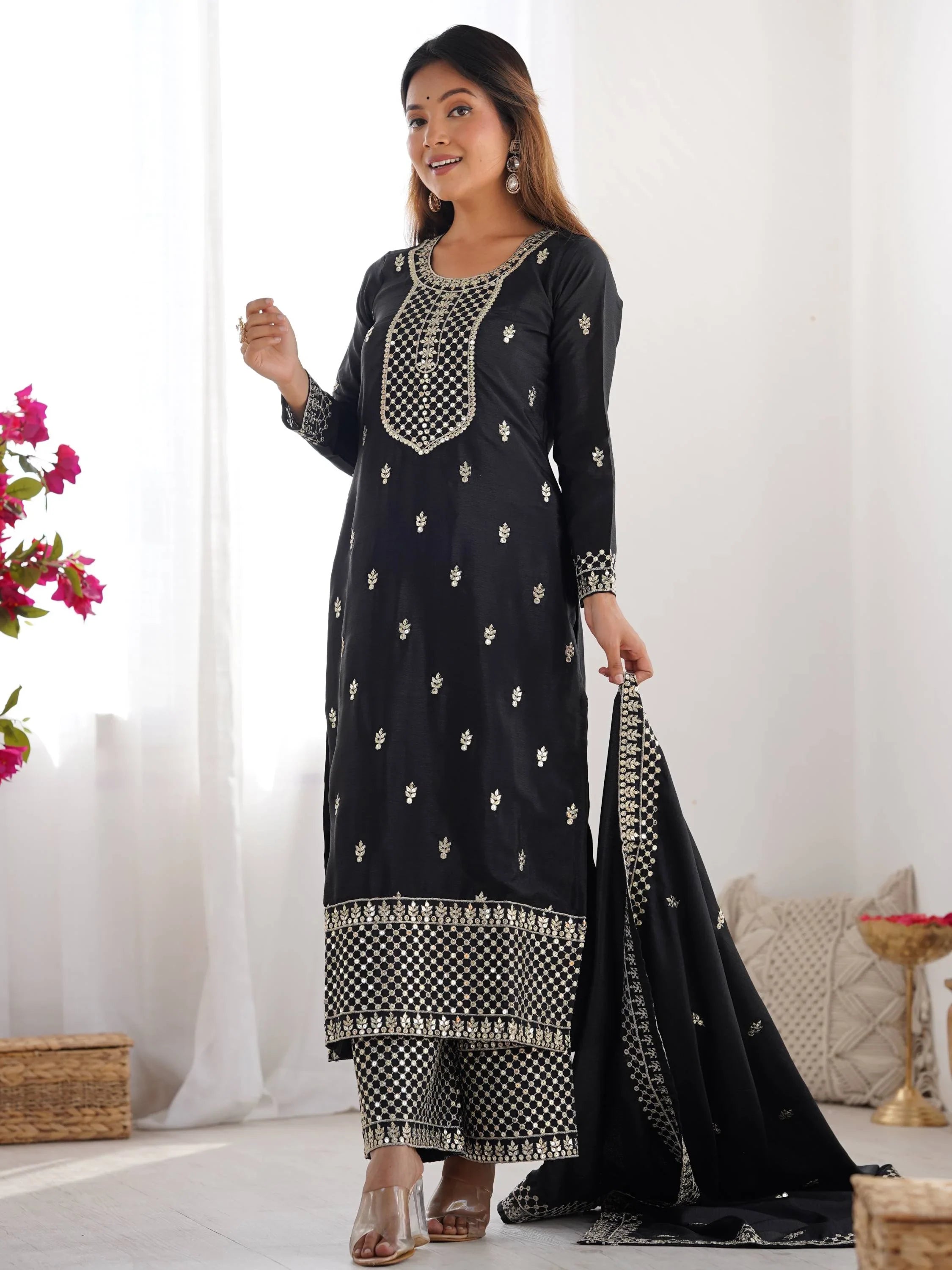 Black Sequins Chinon Silk Festive Wear Palazzo Suit With Dupatta for Women