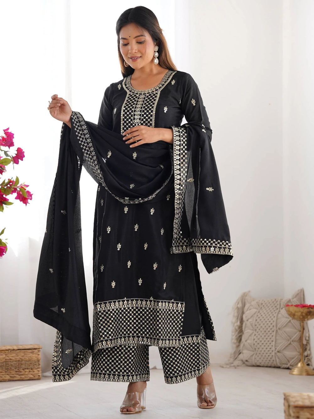 Black Sequins Chinon Silk Festive Wear Palazzo Suit With Dupatta for Women